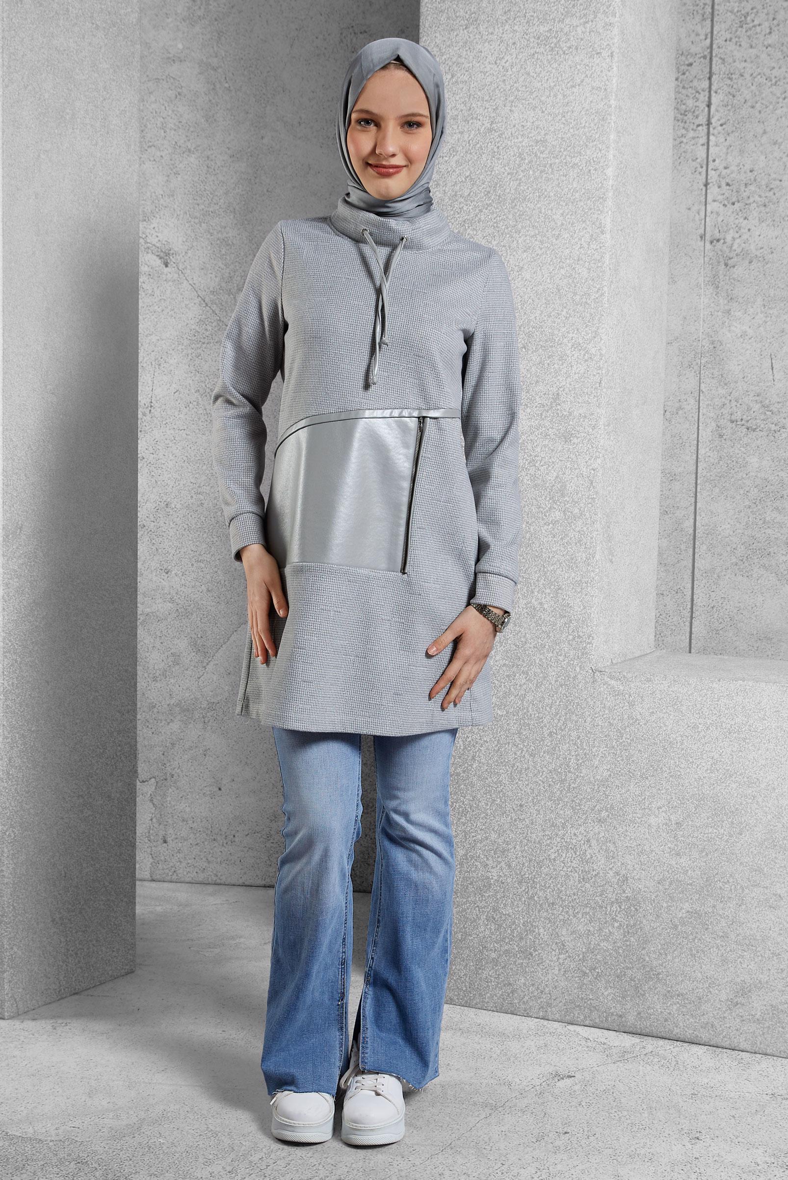 Vêtements hijab GRIS TUNIQUE À COL NOUÉ 45206