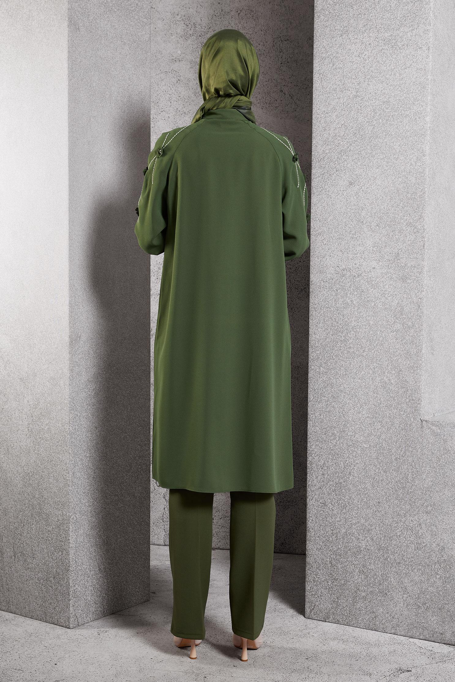 Tesettür giyim HAKİ ÇİÇEK DETAYLI TUNİK 45212