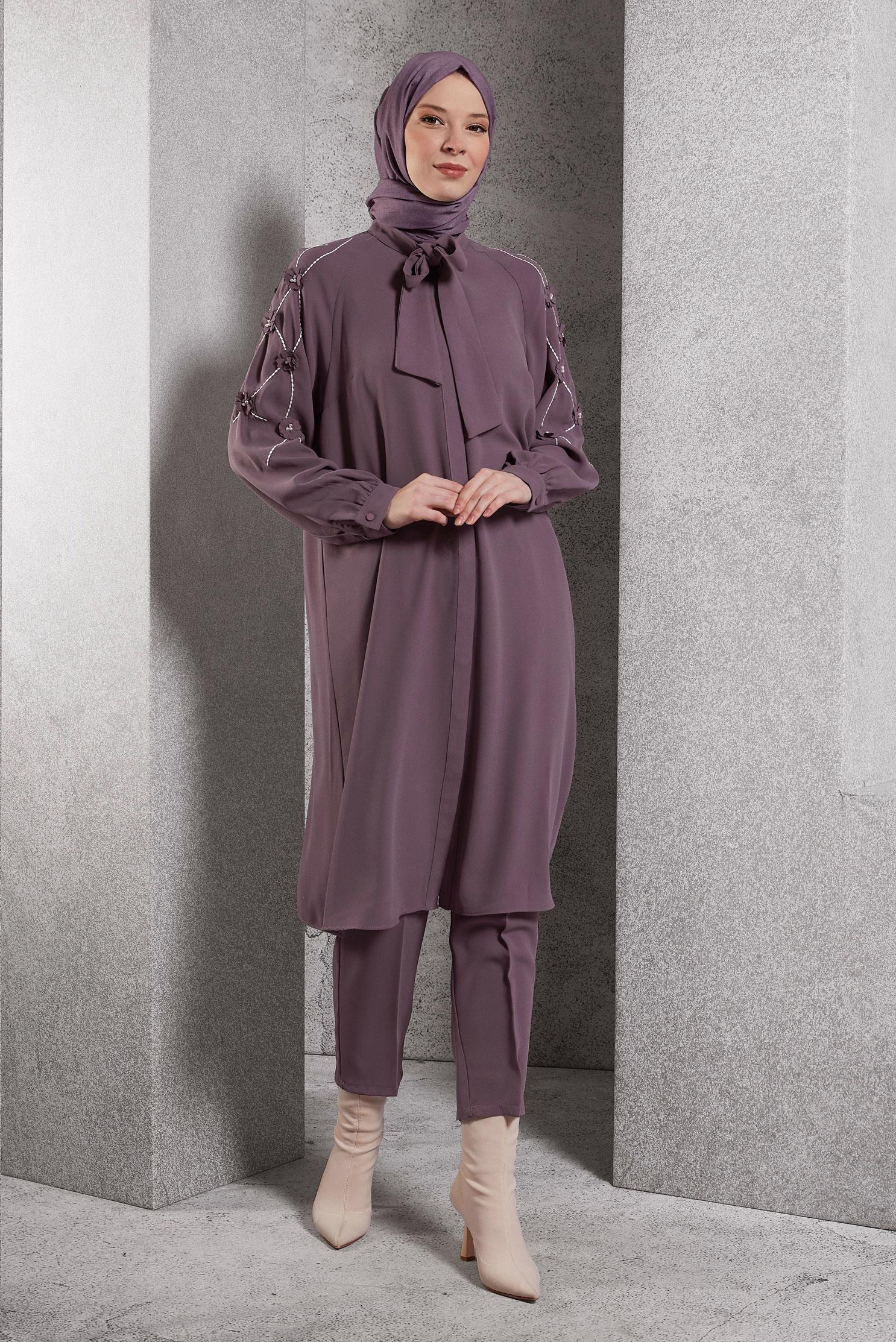 Vêtements hijab POURPRE TUNIQUE À DÉTAILS FLEURS 45212