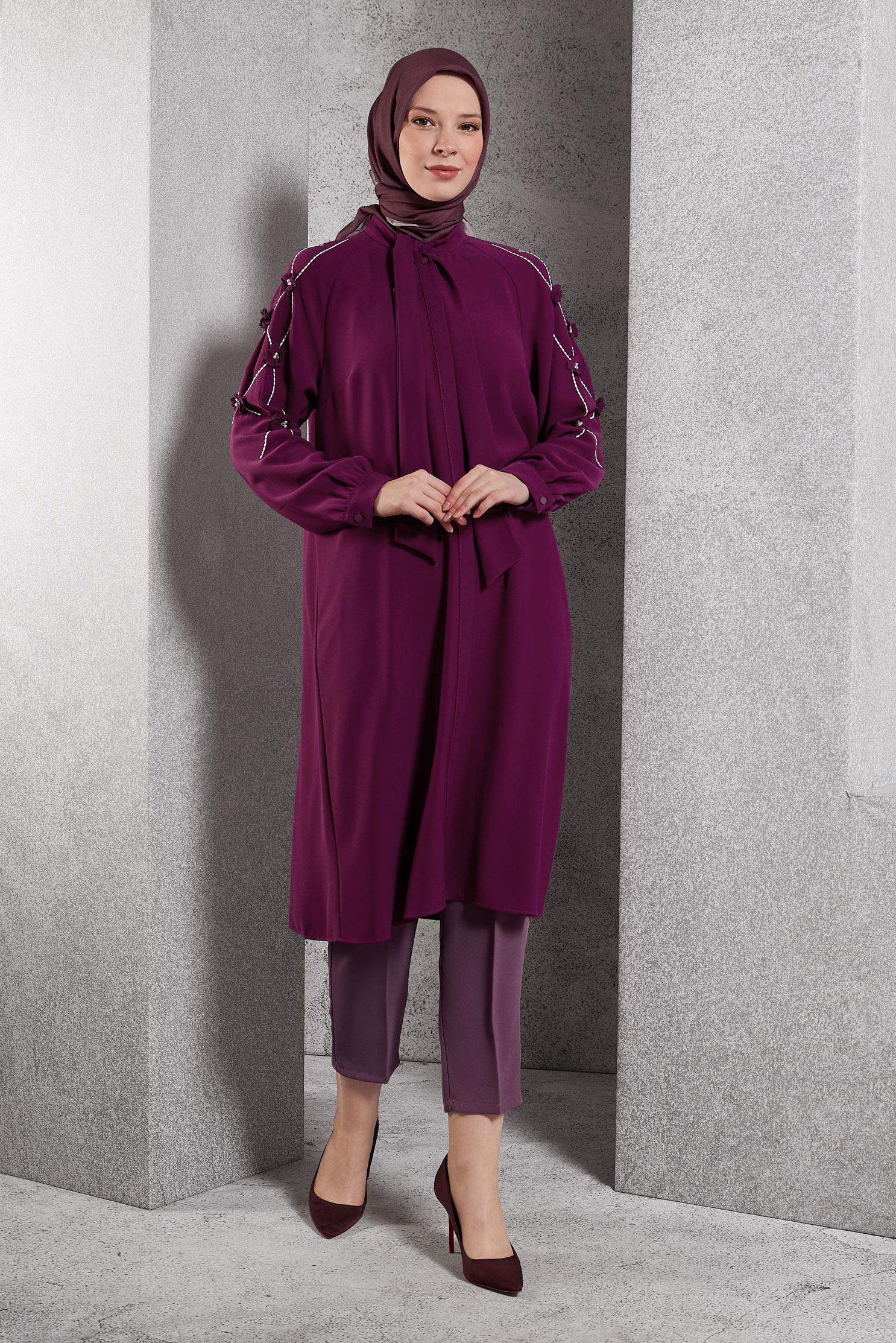 Vêtements hijab ROUGE BORDEAUX TUNIQUE À DÉTAILS FLEURS 45212