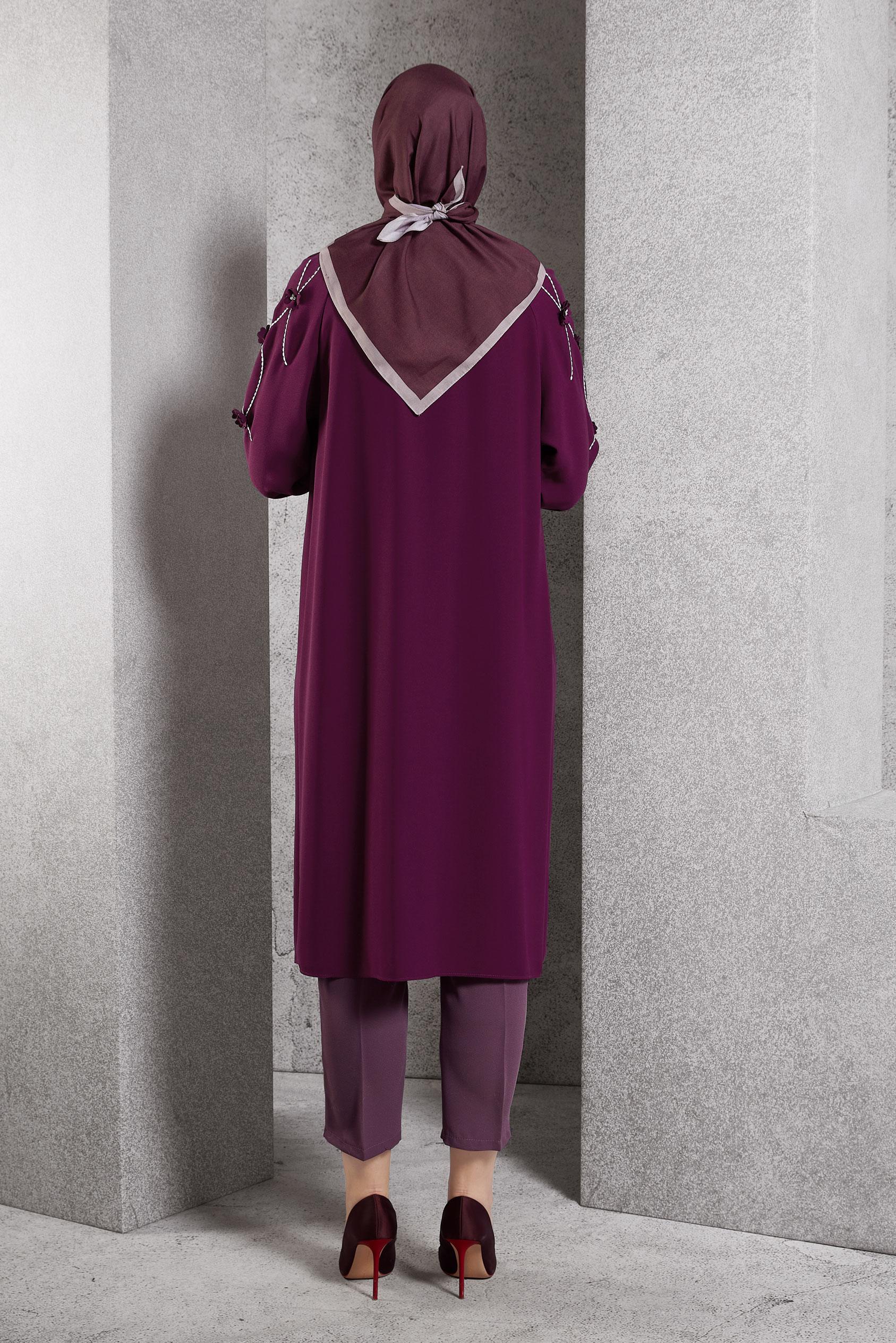 Vêtements hijab ROUGE BORDEAUX TUNIQUE À DÉTAILS FLEURS 45212