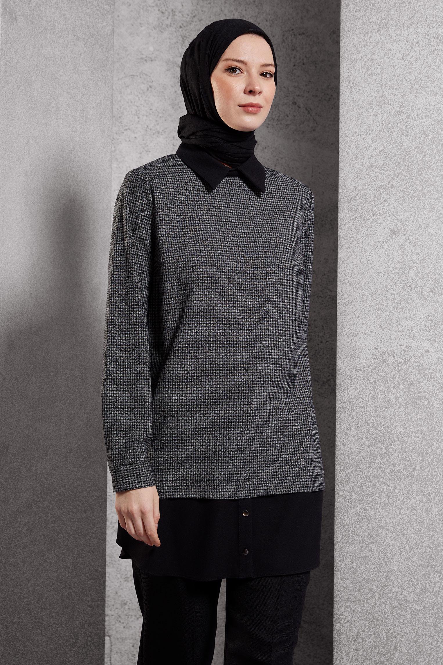 Tesettür giyim SİYAH GÖMLEK YAKA TUNİK 45222