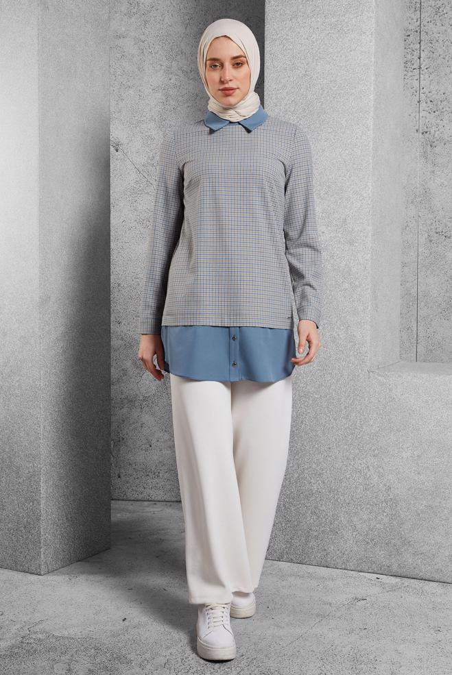 Tesettür giyim MAVİ GÖMLEK YAKA TUNİK 45222 - ALVİNA