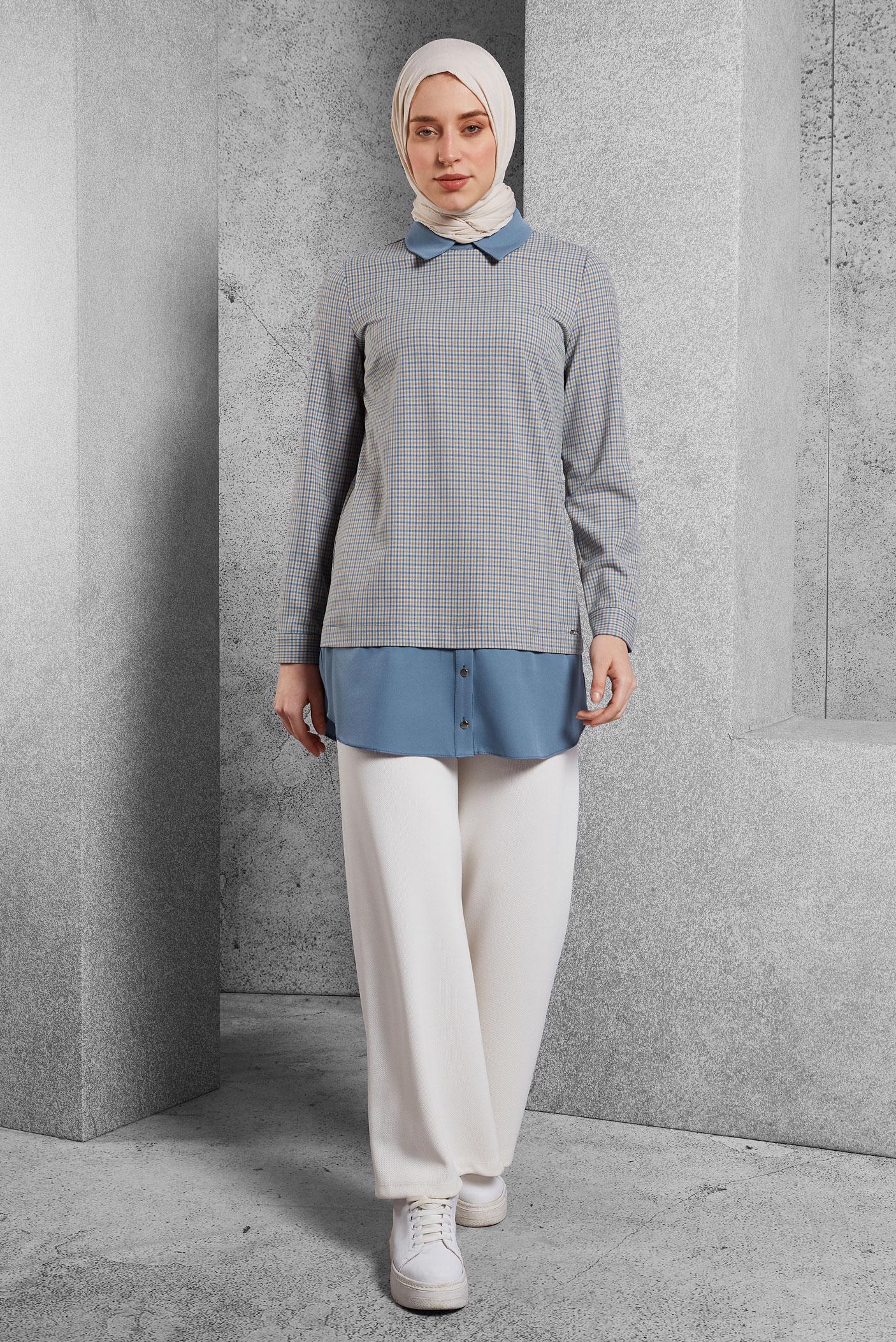 Tesettür giyim MAVİ GÖMLEK YAKA TUNİK 45222