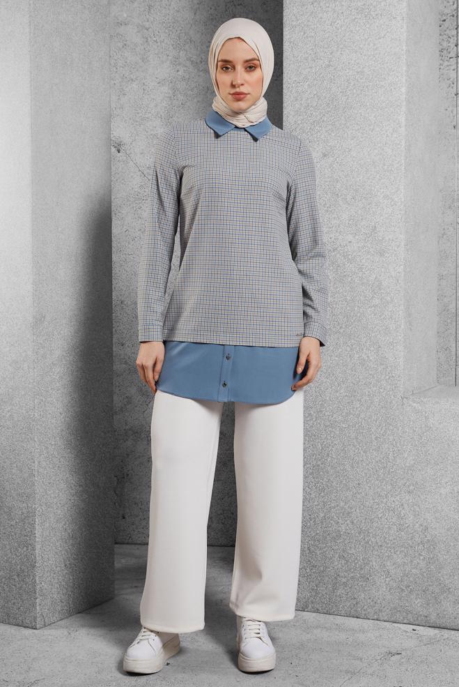 Tesettür giyim MAVİ GÖMLEK YAKA TUNİK 45222 - ALVİNA