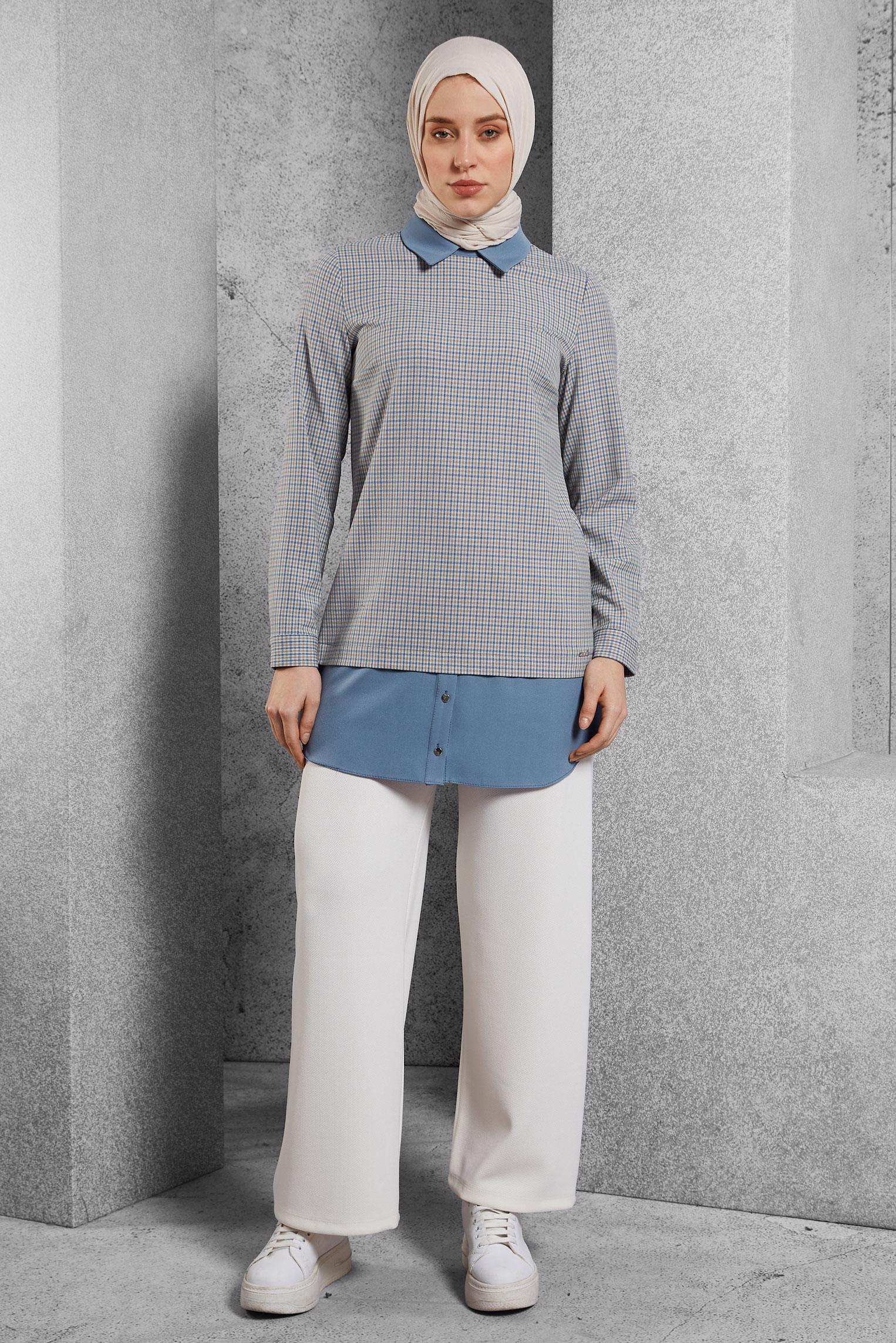 Tesettür giyim MAVİ GÖMLEK YAKA TUNİK 45222