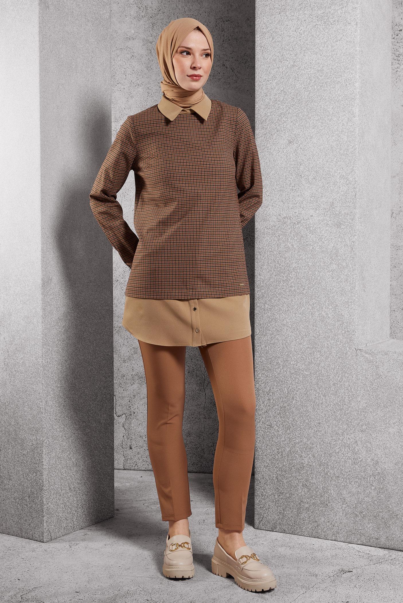 Tesettür giyim BORDO GÖMLEK YAKA TUNİK 45222