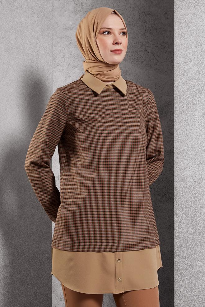 Tesettür giyim BORDO GÖMLEK YAKA TUNİK 45222 - ALVİNA