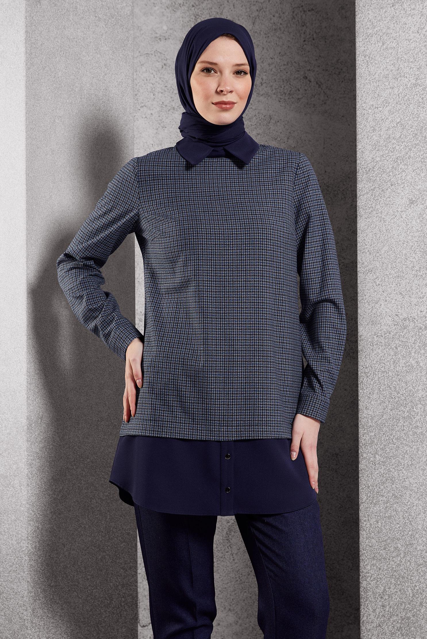 Tesettür giyim LACİVERT GÖMLEK YAKA TUNİK 45222