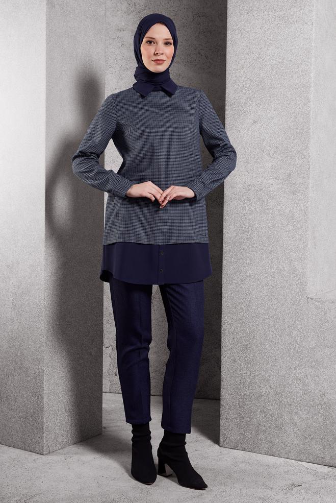 Tesettür giyim LACİVERT GÖMLEK YAKA TUNİK 45222 - ALVİNA