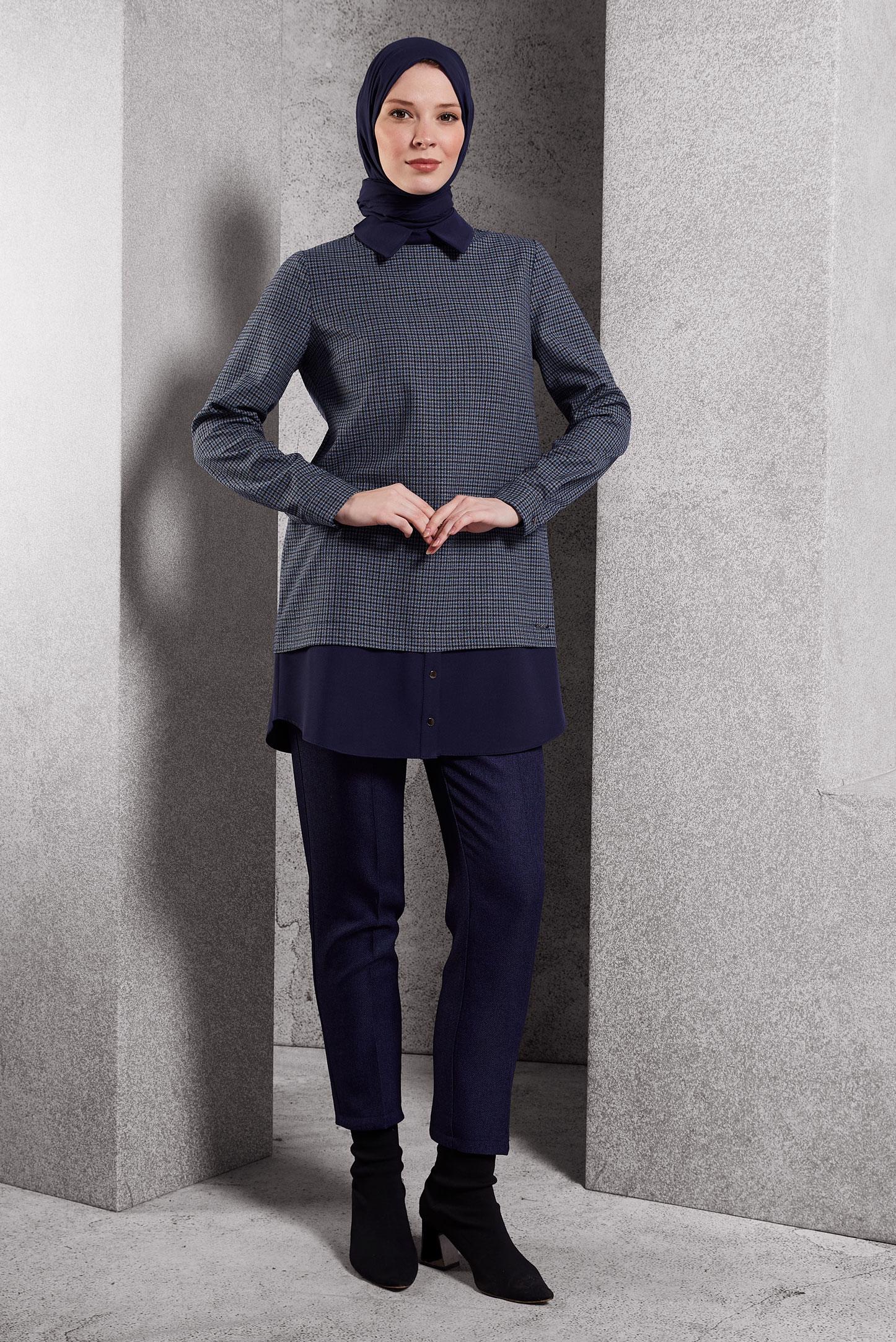 Tesettür giyim LACİVERT GÖMLEK YAKA TUNİK 45222
