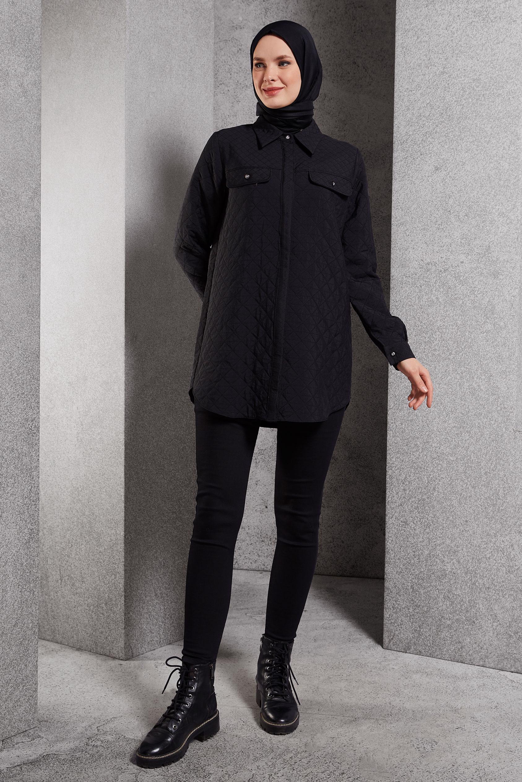 Tesettür giyim SİYAH KAPİTONE DESENLİ TUNİK 45225