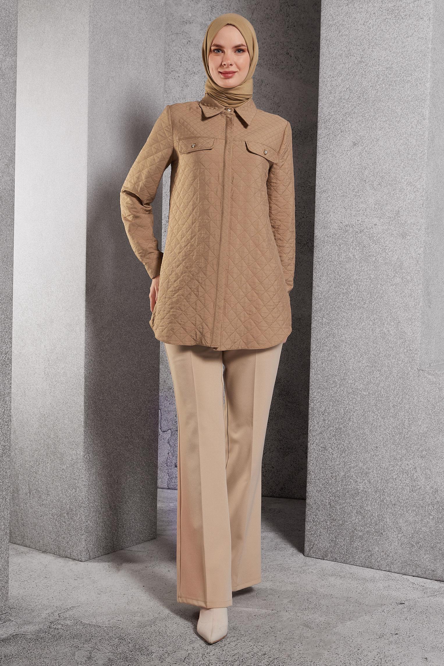 Tesettür giyim KAHVE KAPİTONE DESENLİ TUNİK 45225