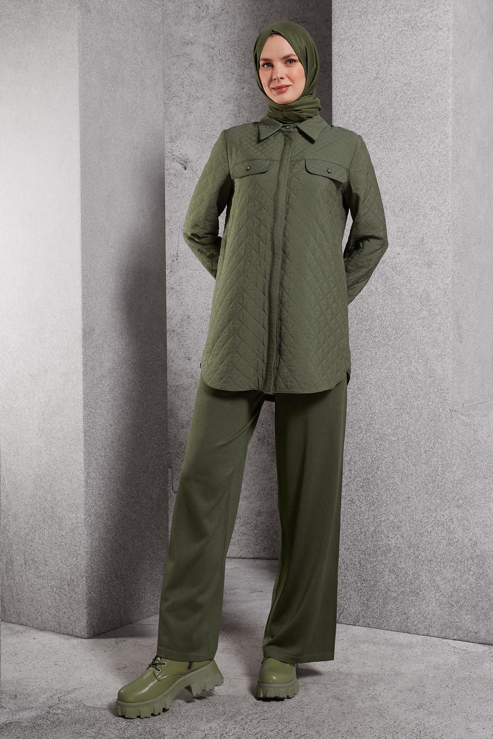 Tesettür giyim HAKİ KAPİTONE DESENLİ TUNİK 45225