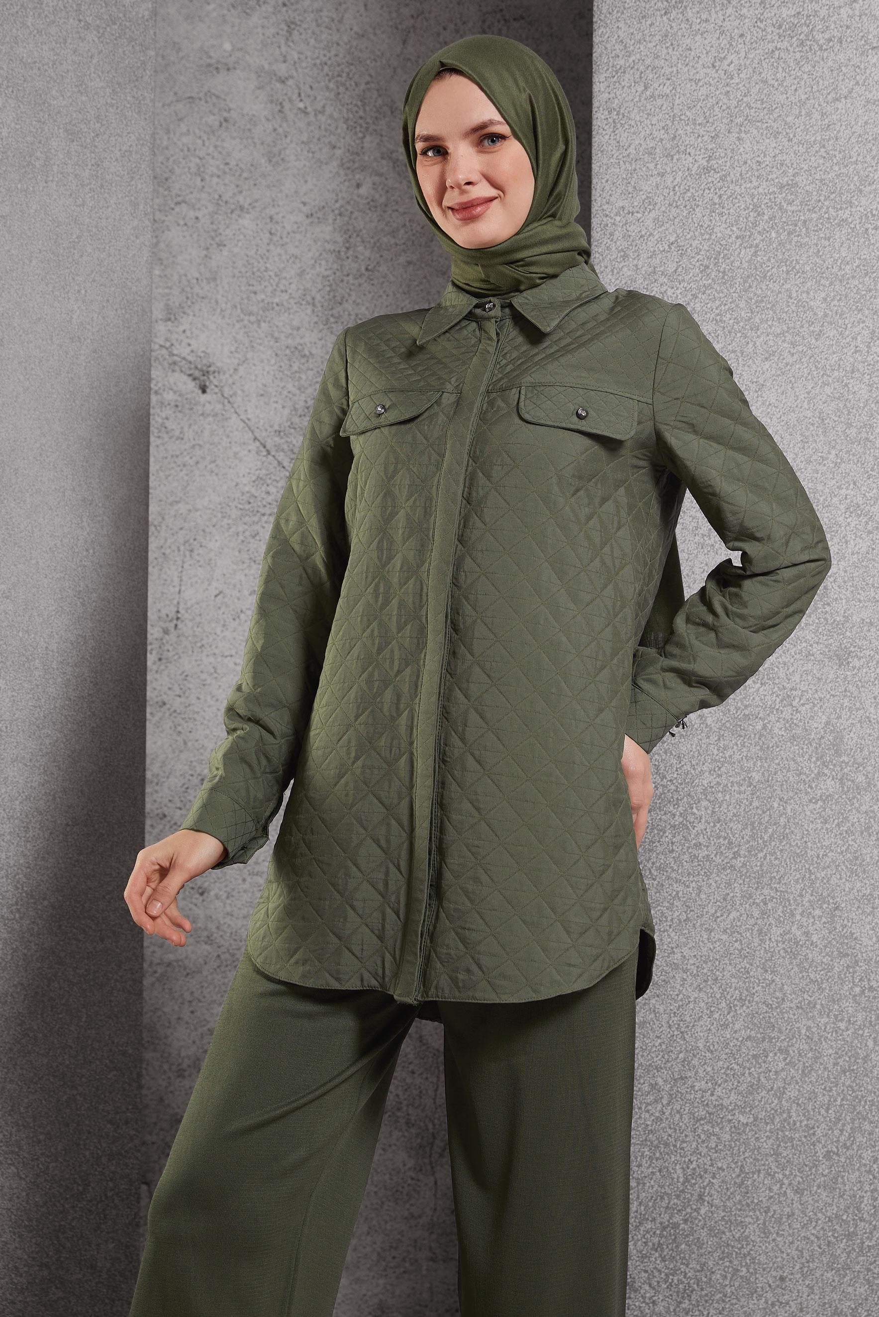 Tesettür giyim HAKİ KAPİTONE DESENLİ TUNİK 45225