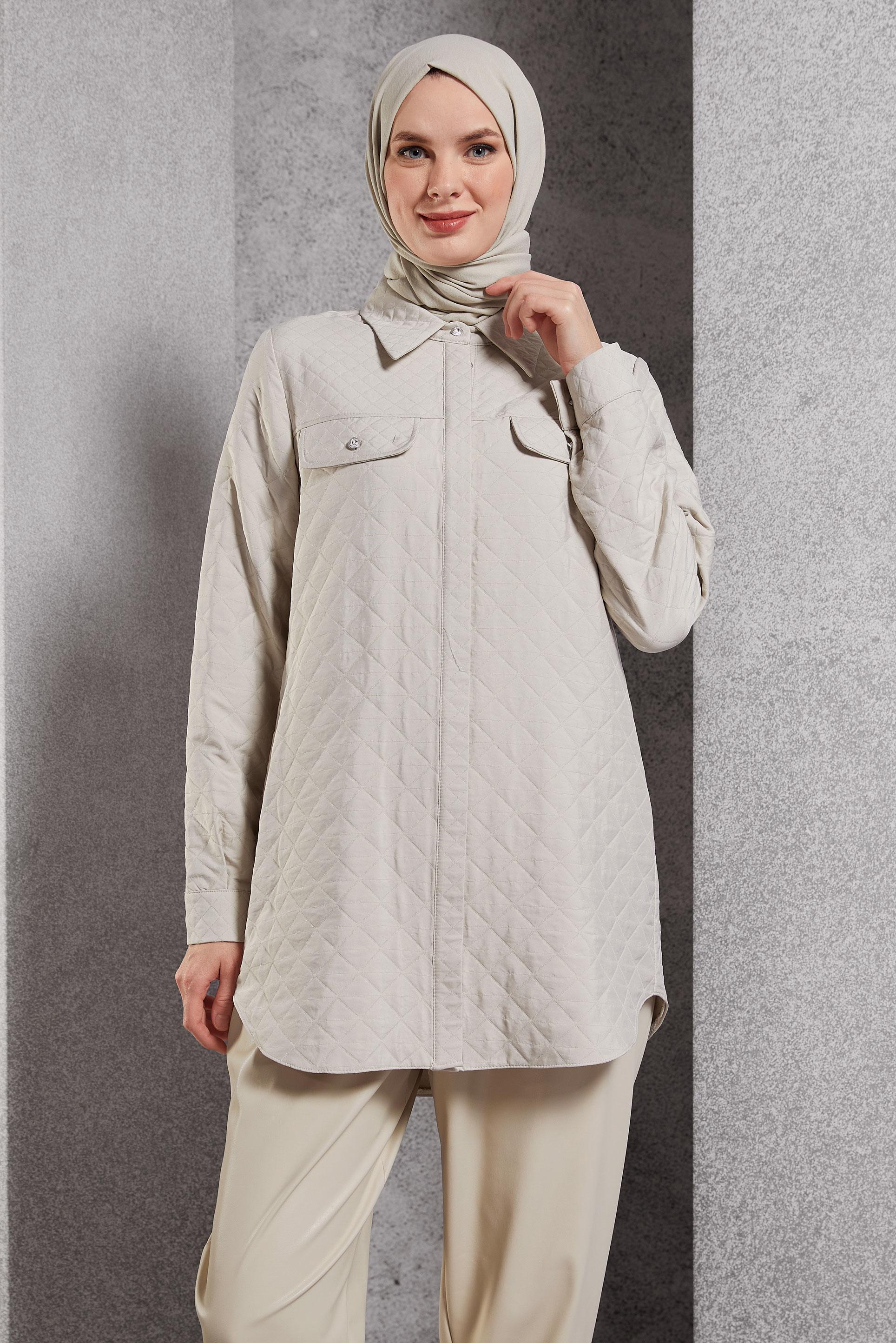 Tesettür giyim BEJ KAPİTONE DESENLİ TUNİK 45225