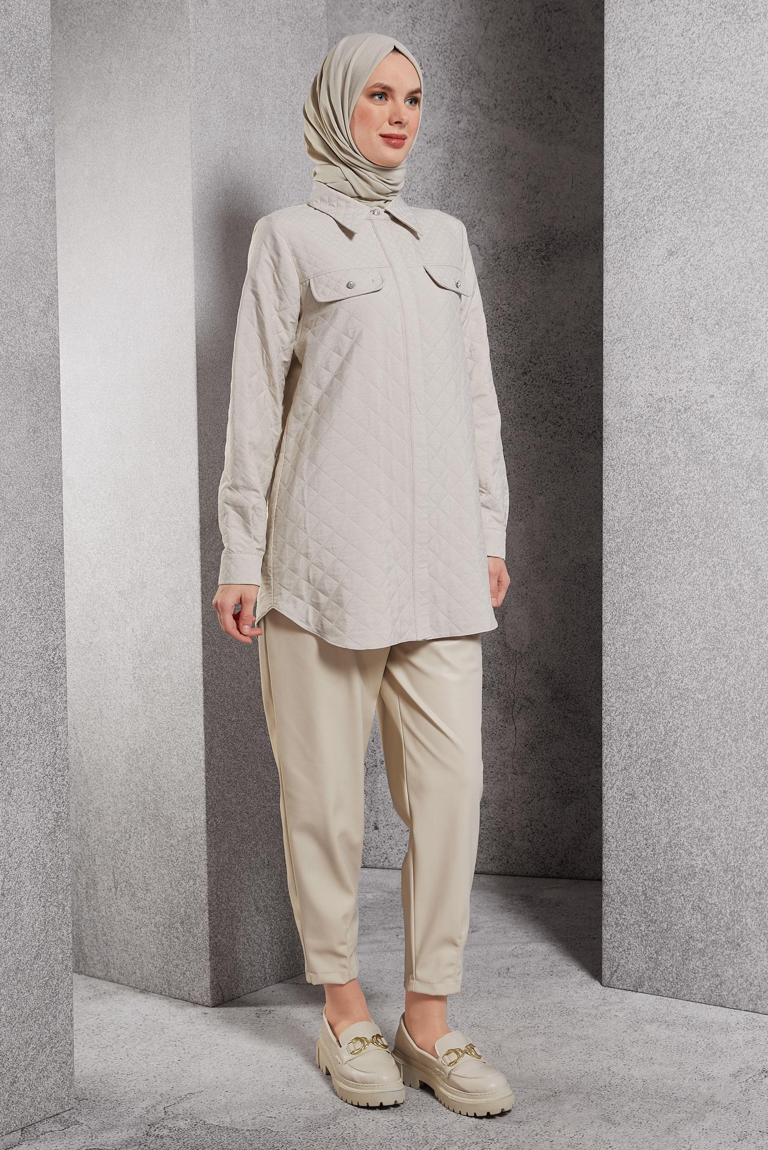 Tesettür giyim BEJ KAPİTONE DESENLİ TUNİK 45225