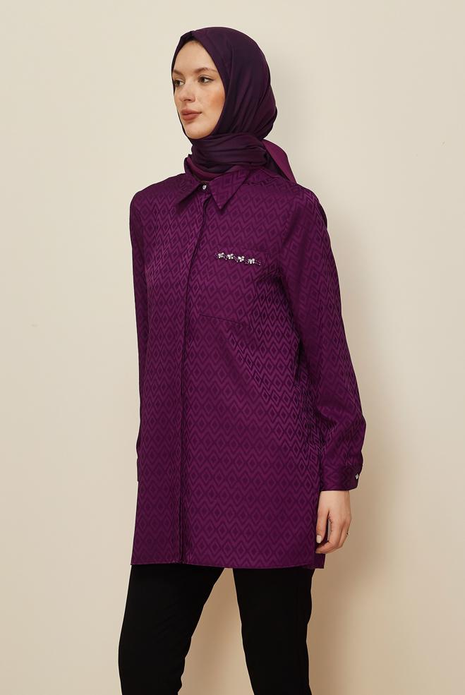 Vêtements hijab PRUNE TUNIQUE EN SATIN JACQUARD 45230 - ALVİNA