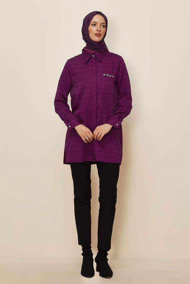 Vêtements hijab PRUNE TUNIQUE EN SATIN JACQUARD 45230 - ALVİNA