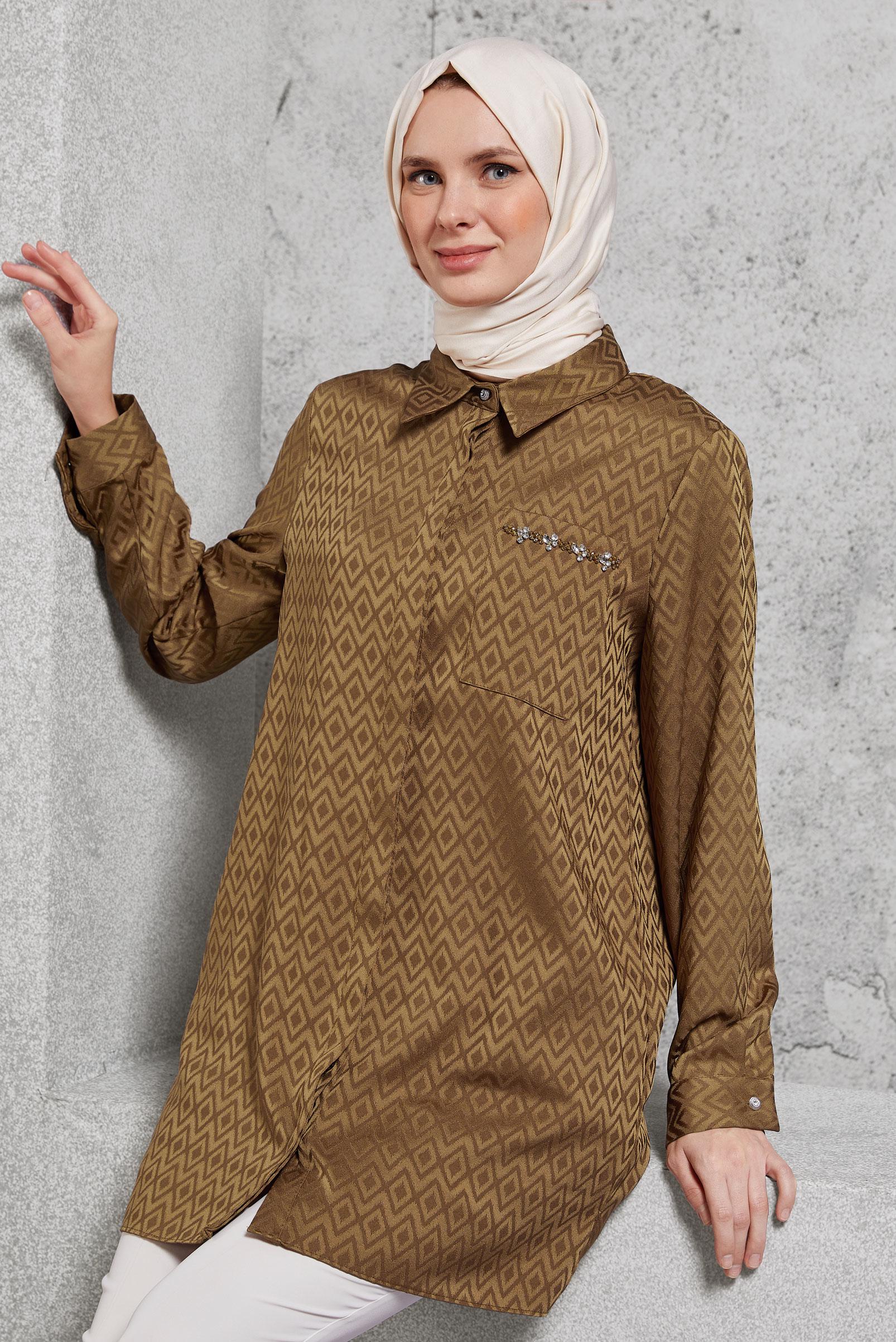 Tesettür giyim TABA JAKARLI SATEN TUNİK 45230