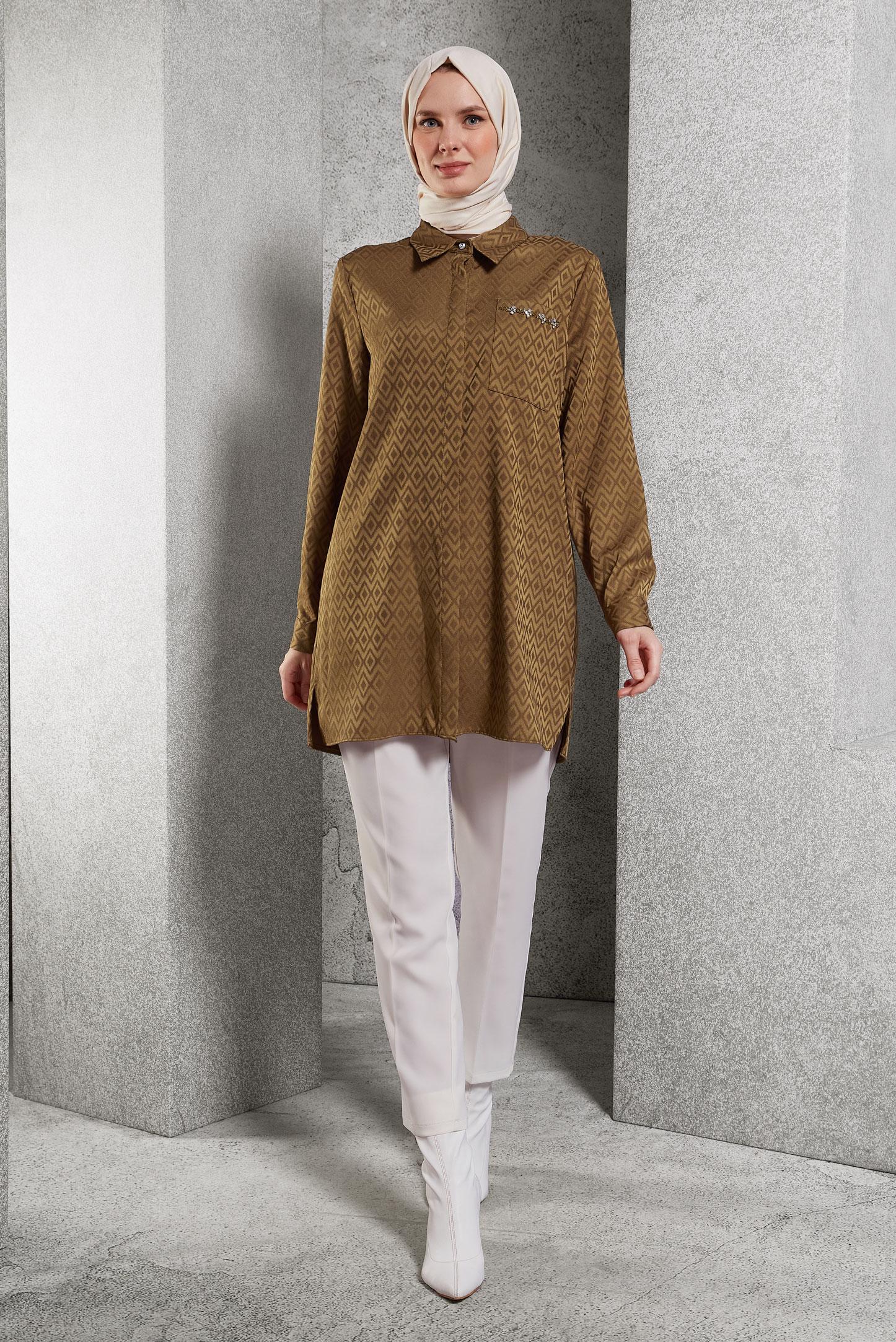 Tesettür giyim TABA JAKARLI SATEN TUNİK 45230