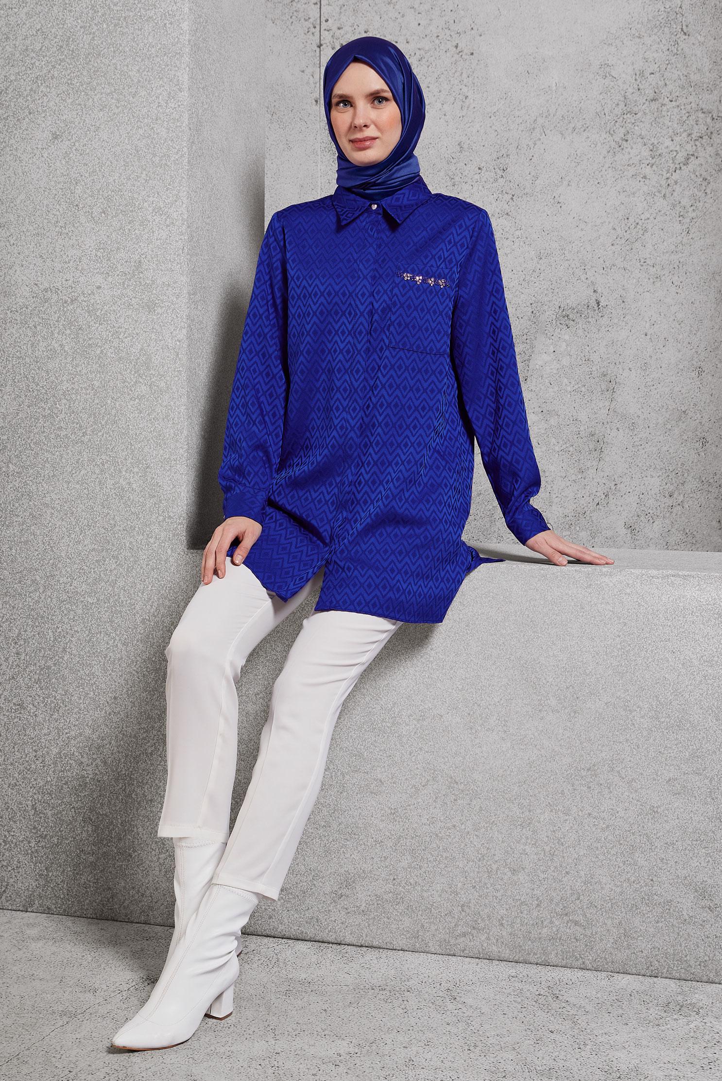 Tesettür giyim LACİVERT JAKARLI SATEN TUNİK 45230