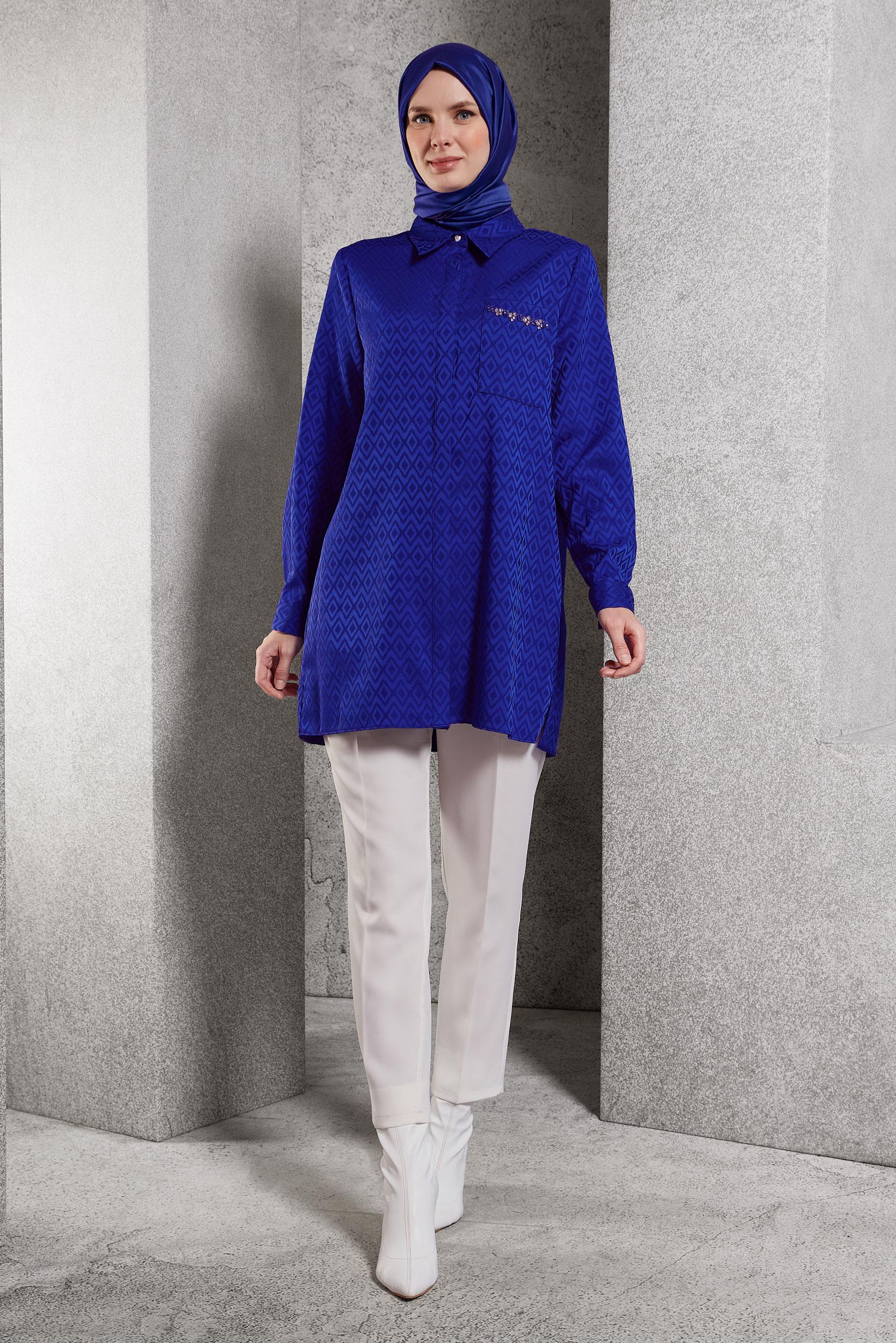 Tesettür giyim LACİVERT JAKARLI SATEN TUNİK 45230