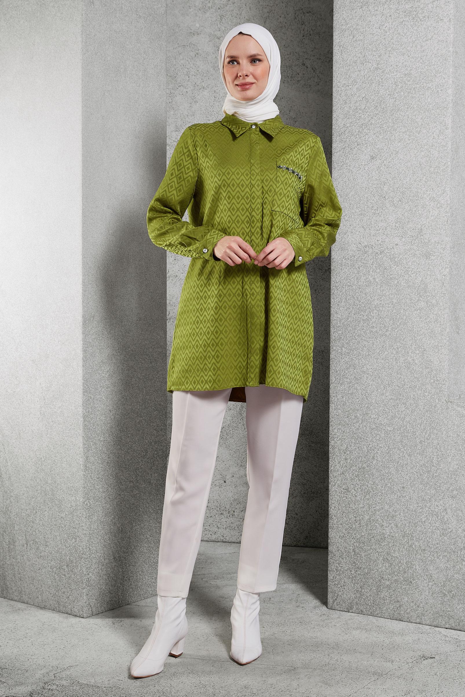Tesettür giyim YEŞİL JAKARLI SATEN TUNİK 45230