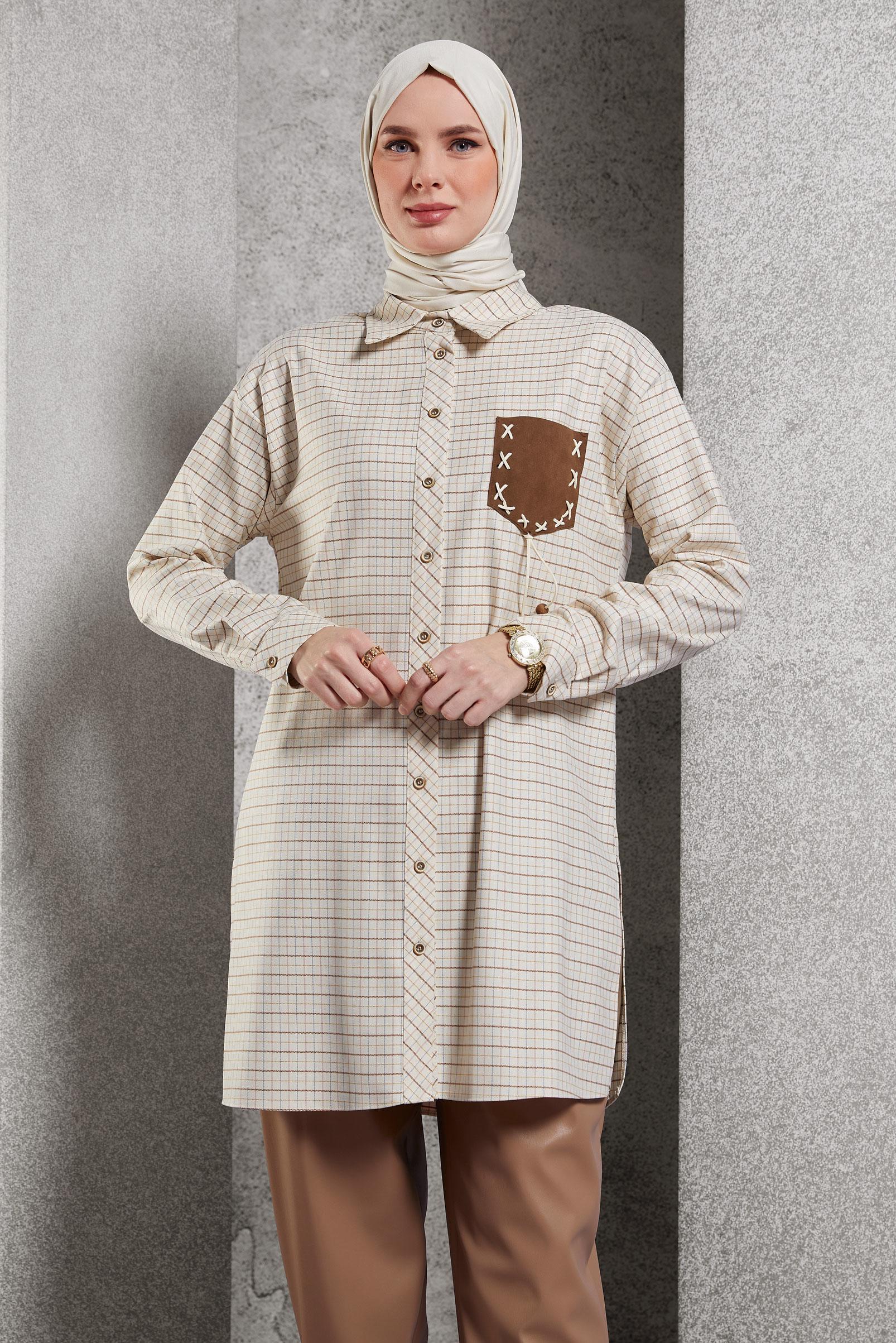 Tesettür giyim BEJ EKOSE DESENLİ TUNİK 45246