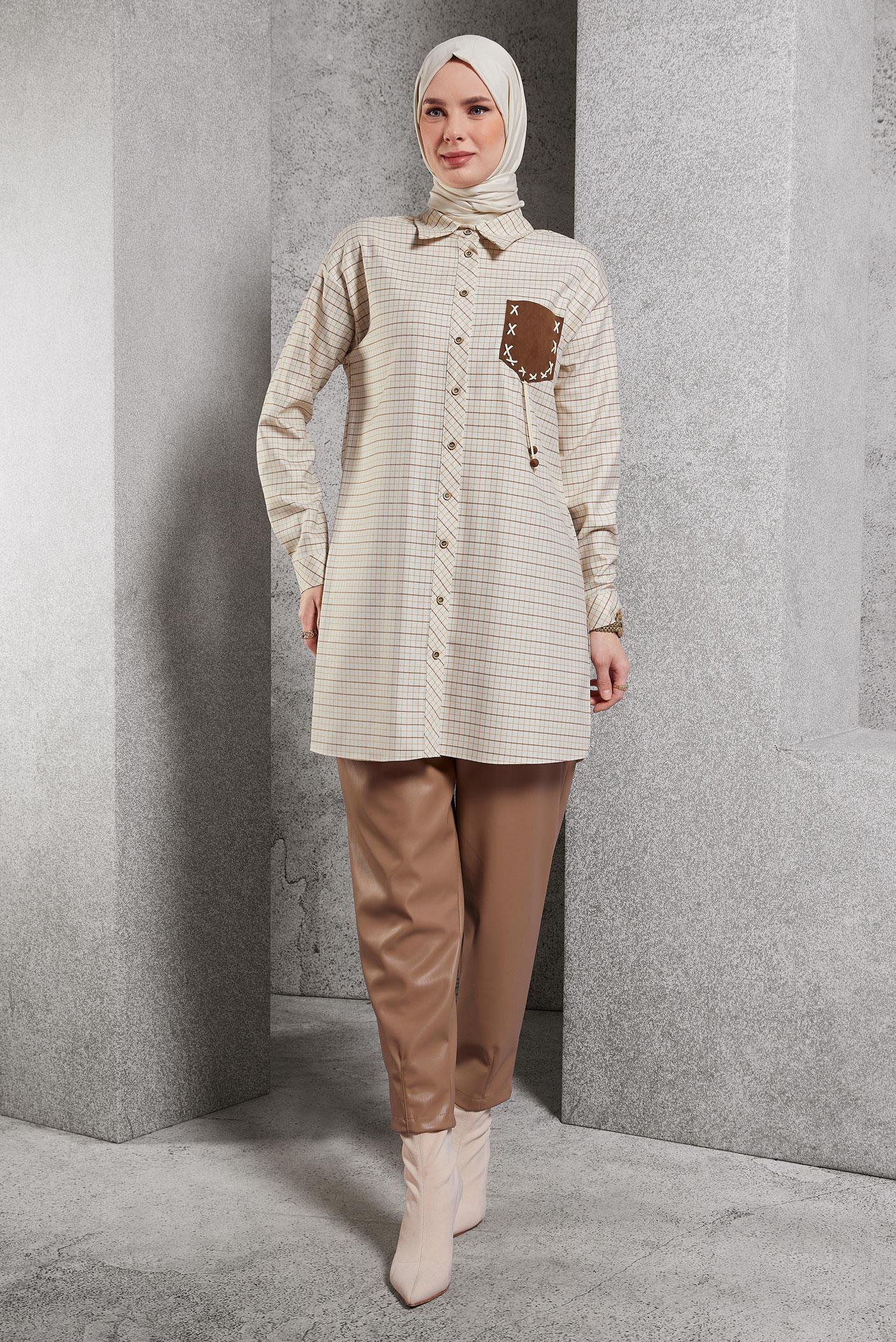 Tesettür giyim BEJ EKOSE DESENLİ TUNİK 45246