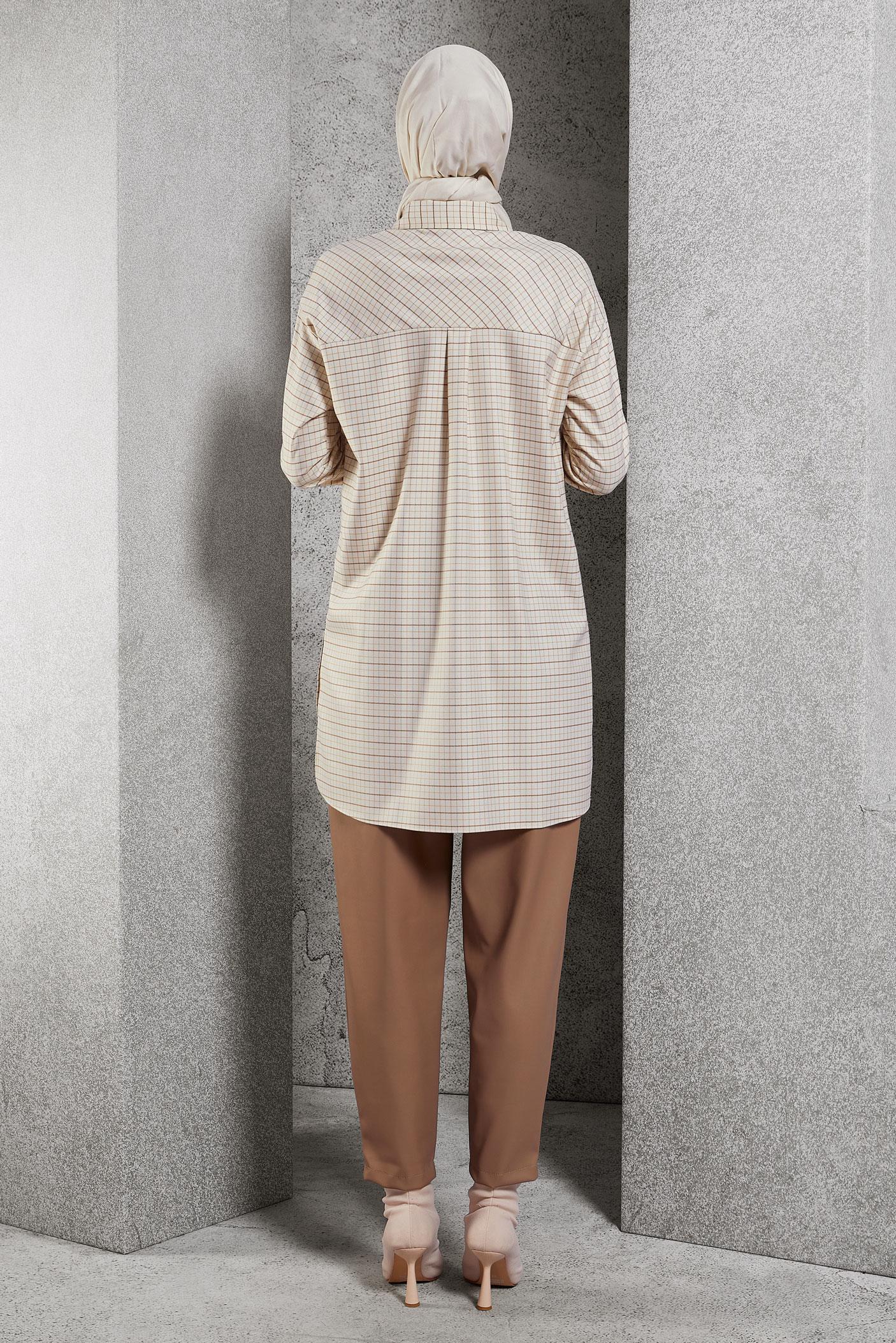 Tesettür giyim BEJ EKOSE DESENLİ TUNİK 45246