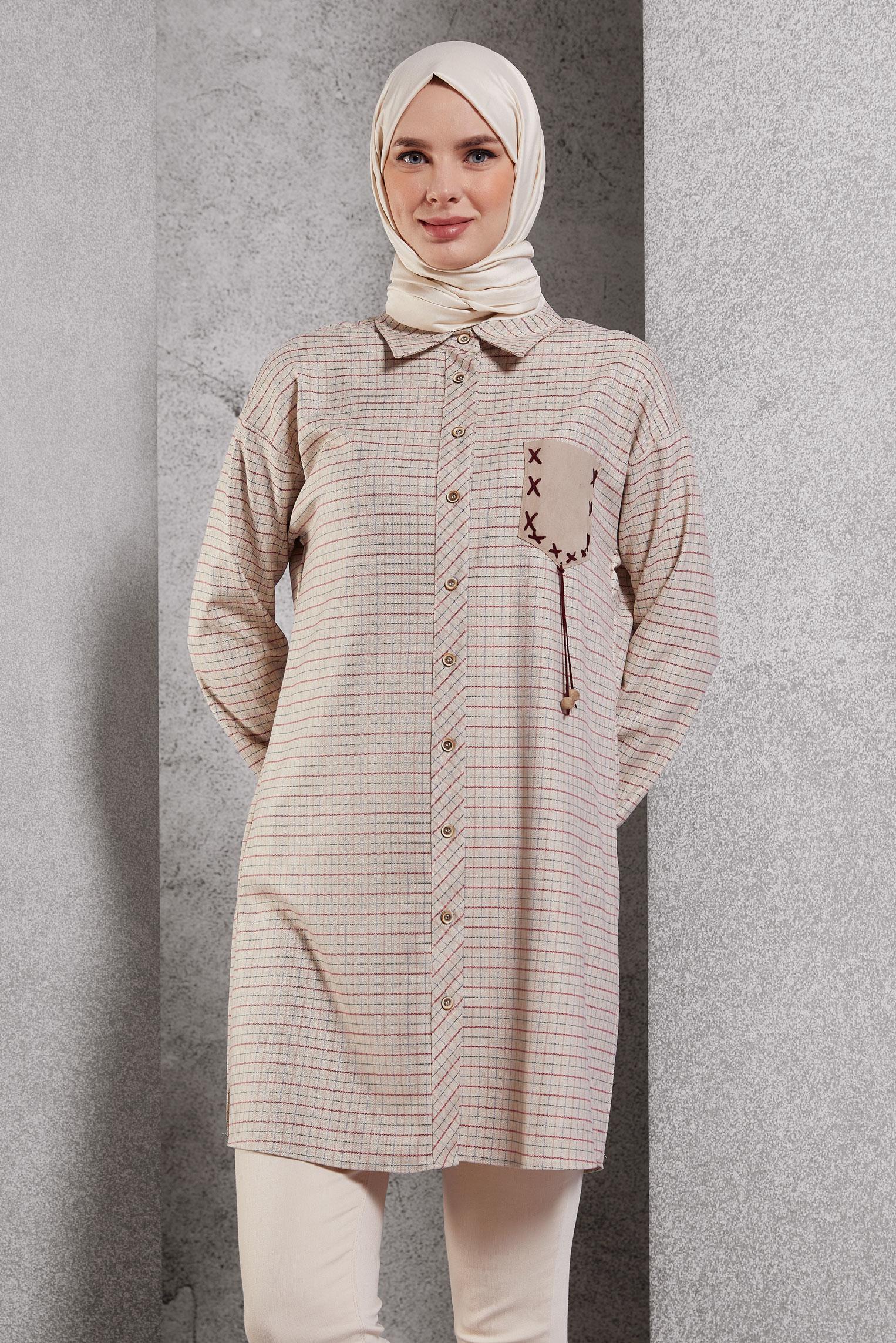 Tesettür giyim BEJ EKOSE DESENLİ TUNİK 45246