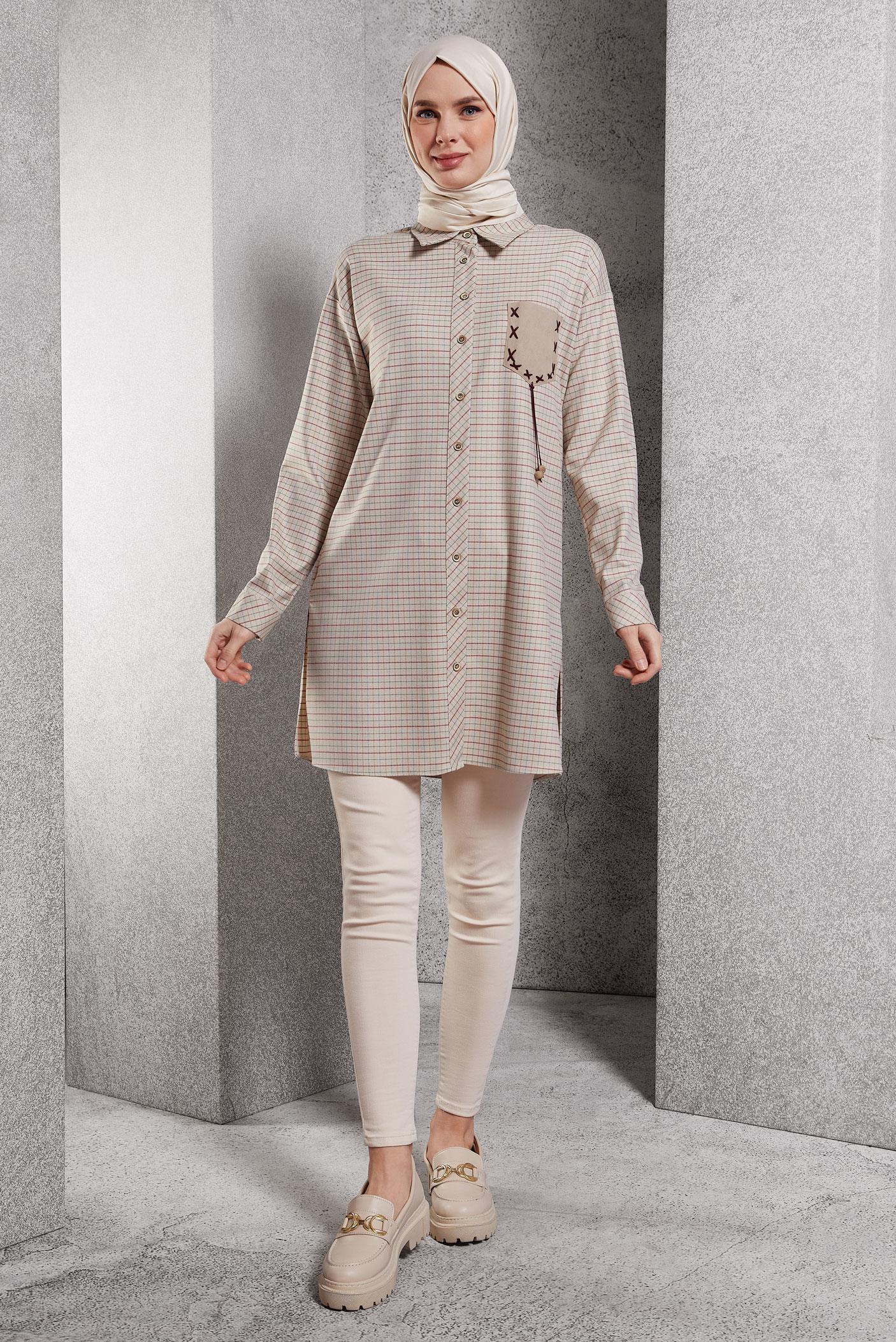 Tesettür giyim BEJ EKOSE DESENLİ TUNİK 45246