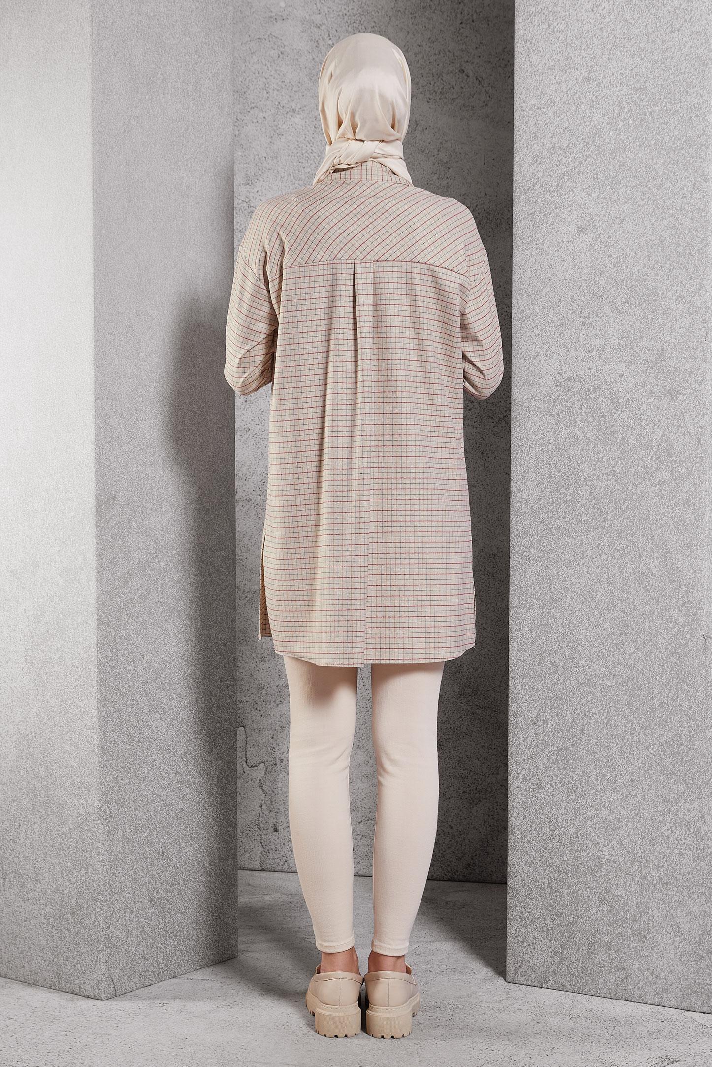 Tesettür giyim BEJ EKOSE DESENLİ TUNİK 45246