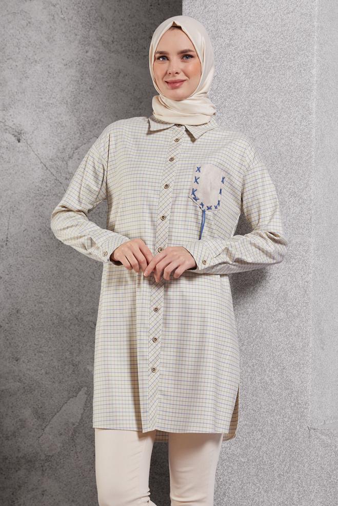 Vêtements hijab BEIGE TUNIQUE À MOTIF CARREAUX 45246 - ALVİNA