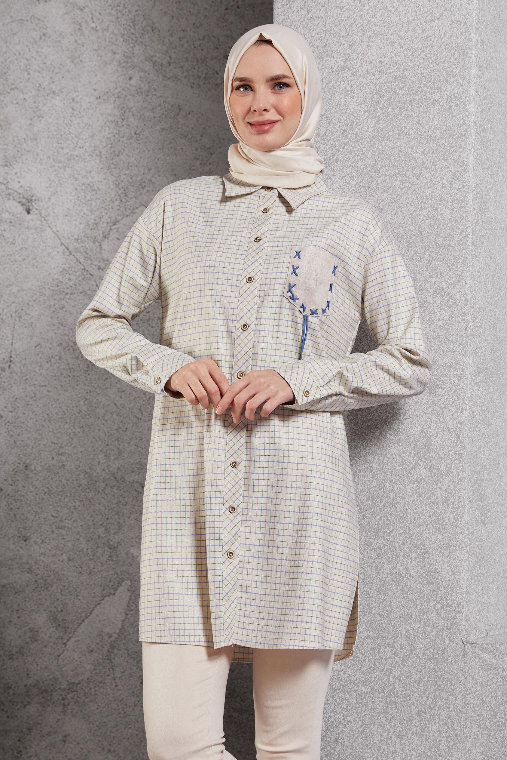 Tesettür giyim BEJ EKOSE DESENLİ TUNİK 45246