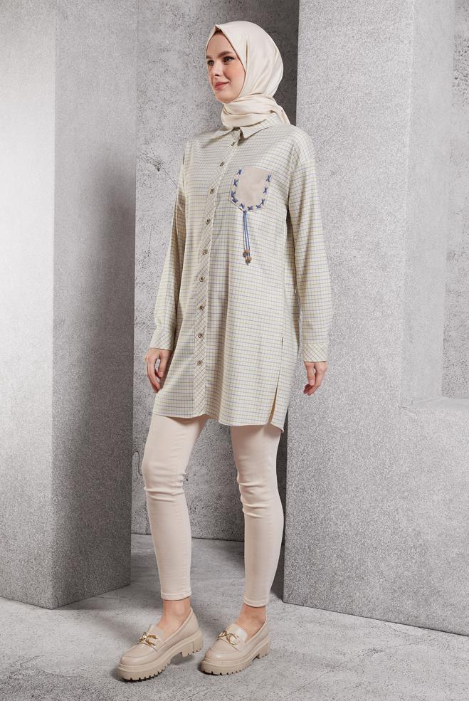 Vêtements hijab BEIGE TUNIQUE À MOTIF CARREAUX 45246 - ALVİNA