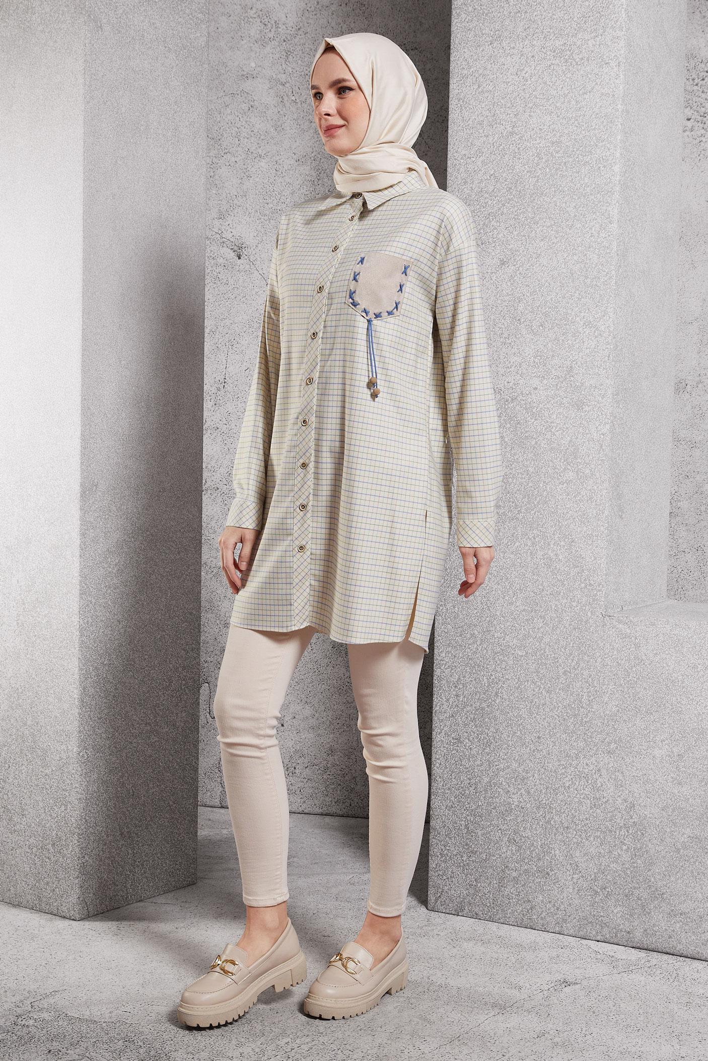 Tesettür giyim BEJ EKOSE DESENLİ TUNİK 45246