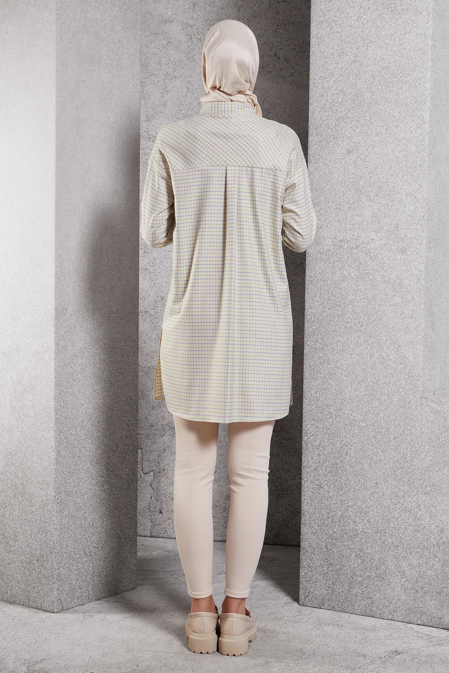 Tesettür giyim BEJ EKOSE DESENLİ TUNİK 45246