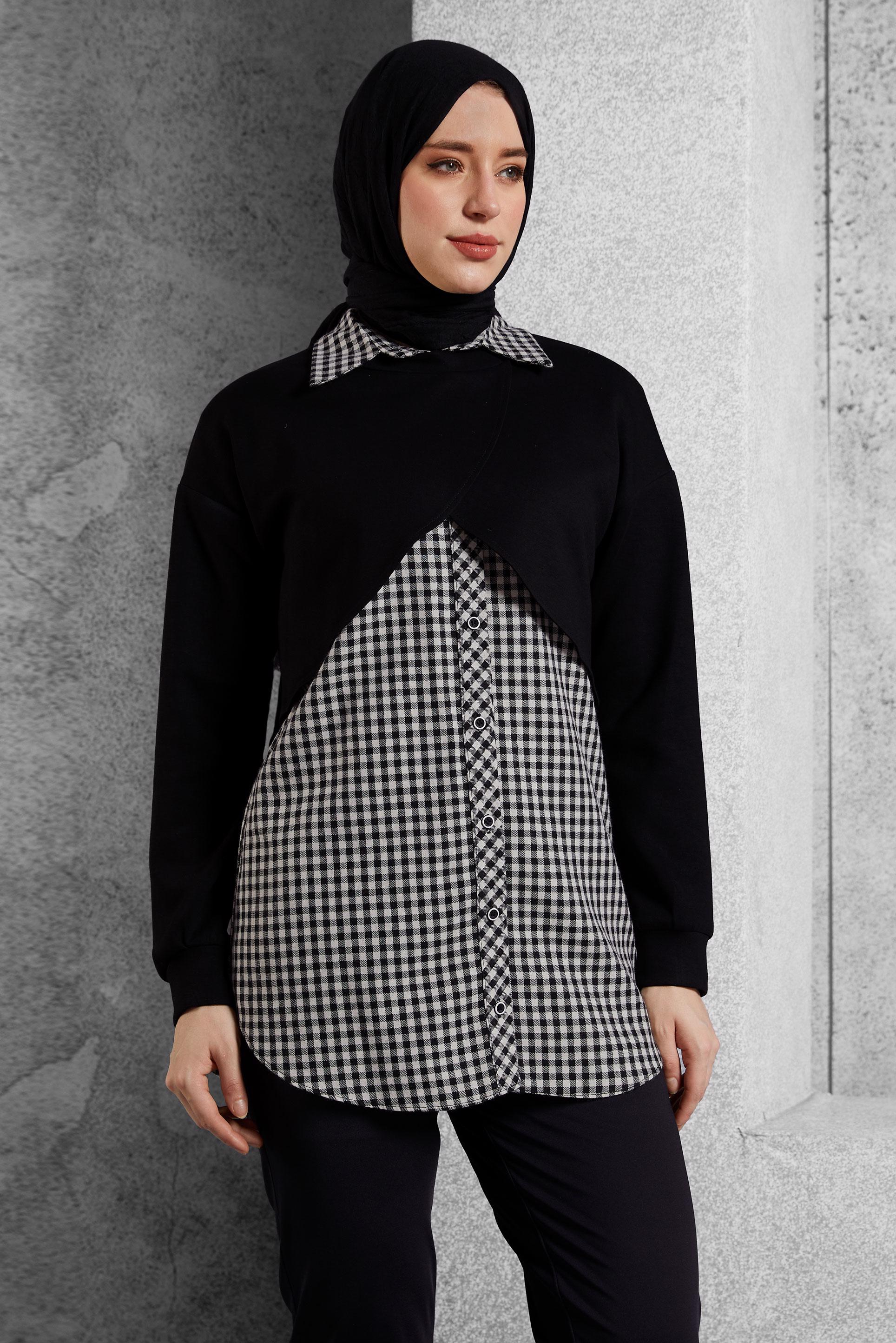 Tesettür giyim SİYAH İKİLİ GÖMLEK YAKA TUNİK 45247