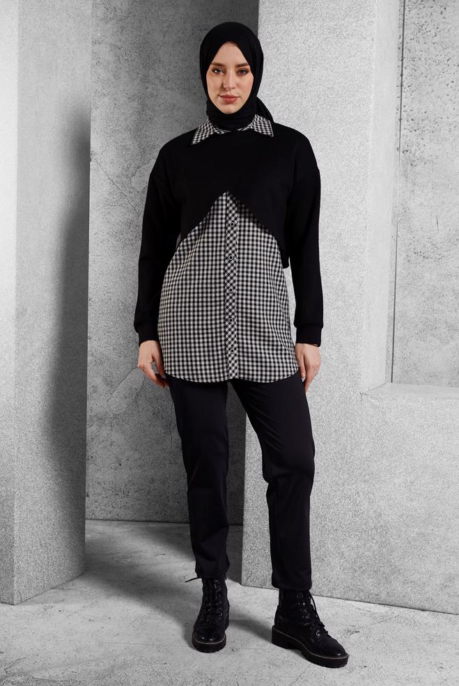 Tesettür giyim SİYAH İKİLİ GÖMLEK YAKA TUNİK 45247 - ALVİNA