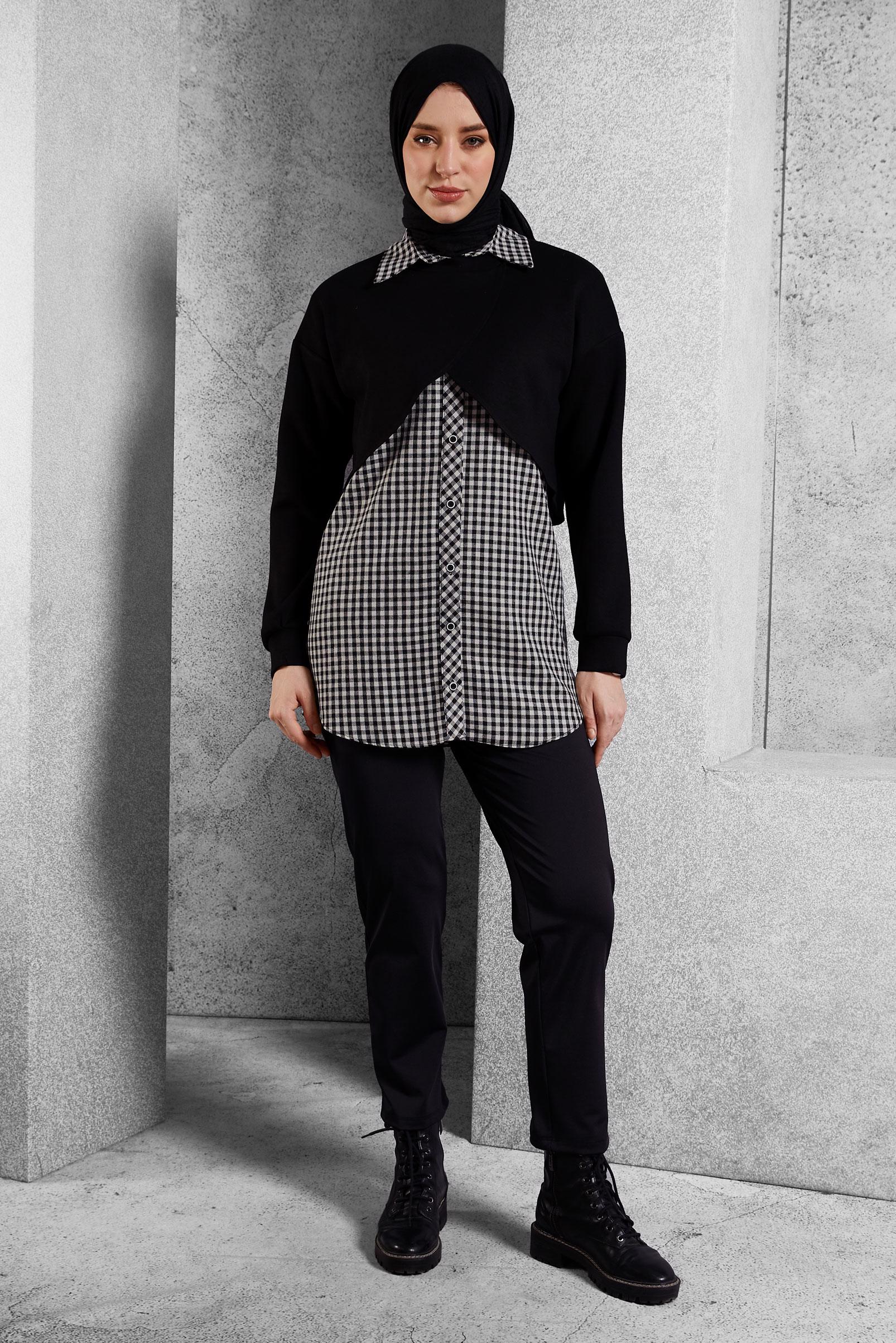 Tesettür giyim SİYAH İKİLİ GÖMLEK YAKA TUNİK 45247