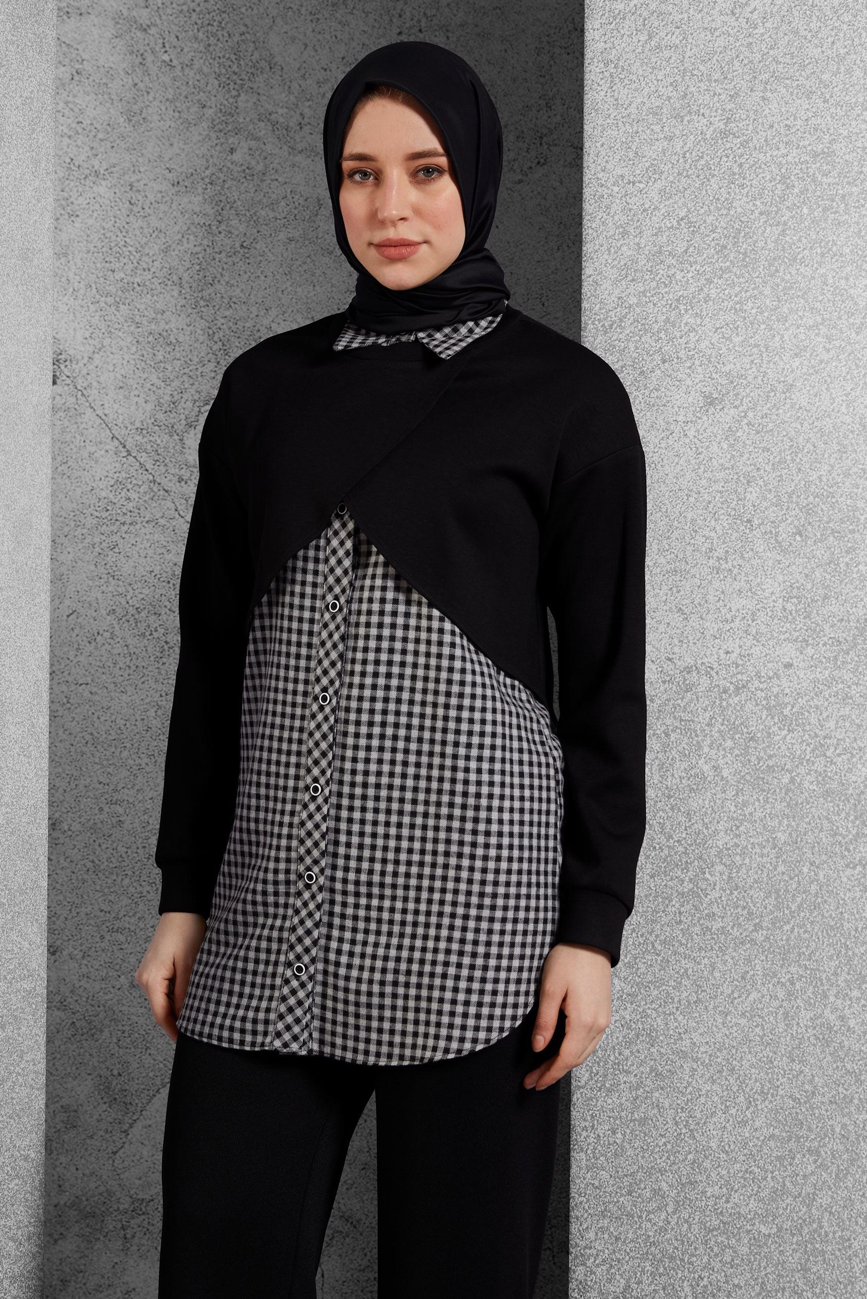 Tesettür giyim SİYAH İKİLİ GÖMLEK YAKA TUNİK 45247