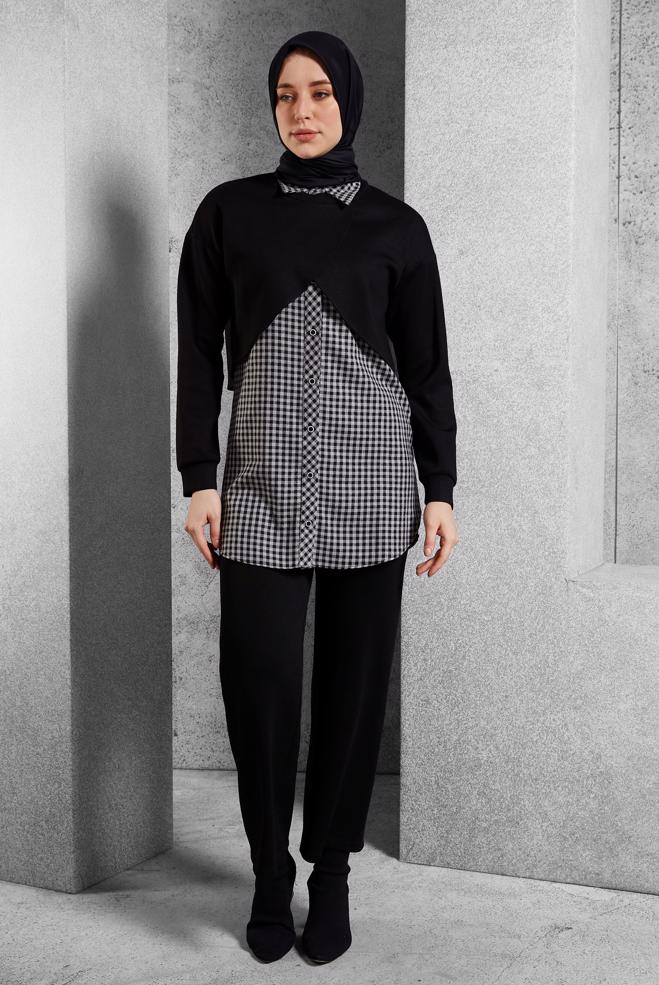 Tesettür giyim SİYAH İKİLİ GÖMLEK YAKA TUNİK 45247 - ALVİNA