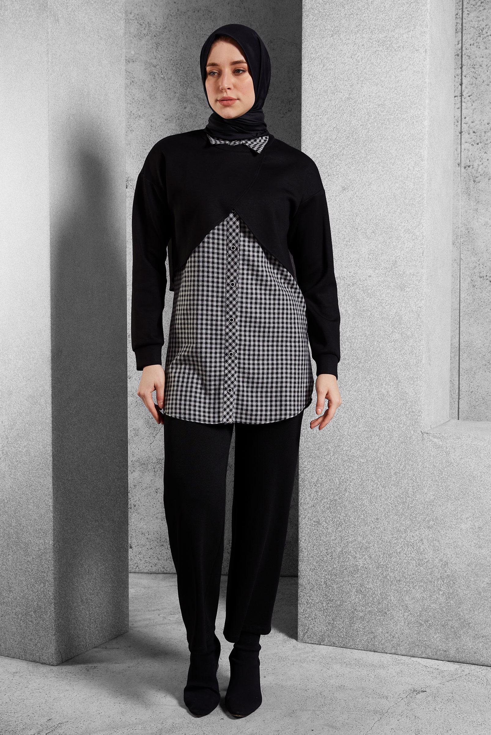 Tesettür giyim SİYAH İKİLİ GÖMLEK YAKA TUNİK 45247