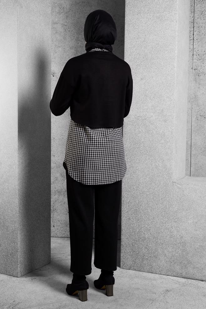 Tesettür giyim SİYAH İKİLİ GÖMLEK YAKA TUNİK 45247 - ALVİNA