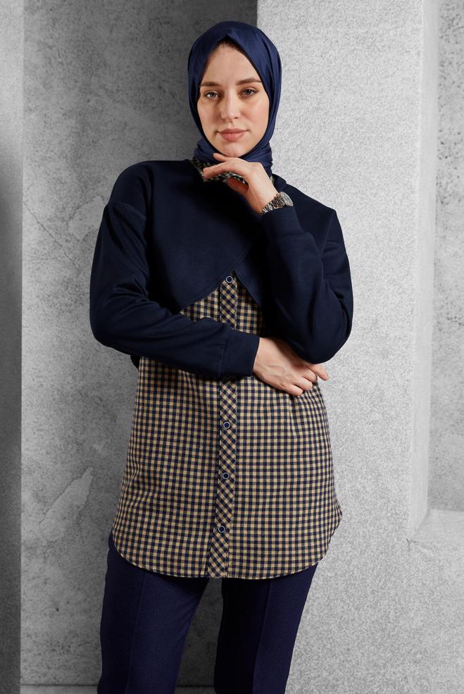 Tesettür giyim LACİVERT İKİLİ GÖMLEK YAKA TUNİK 45247 - ALVİNA