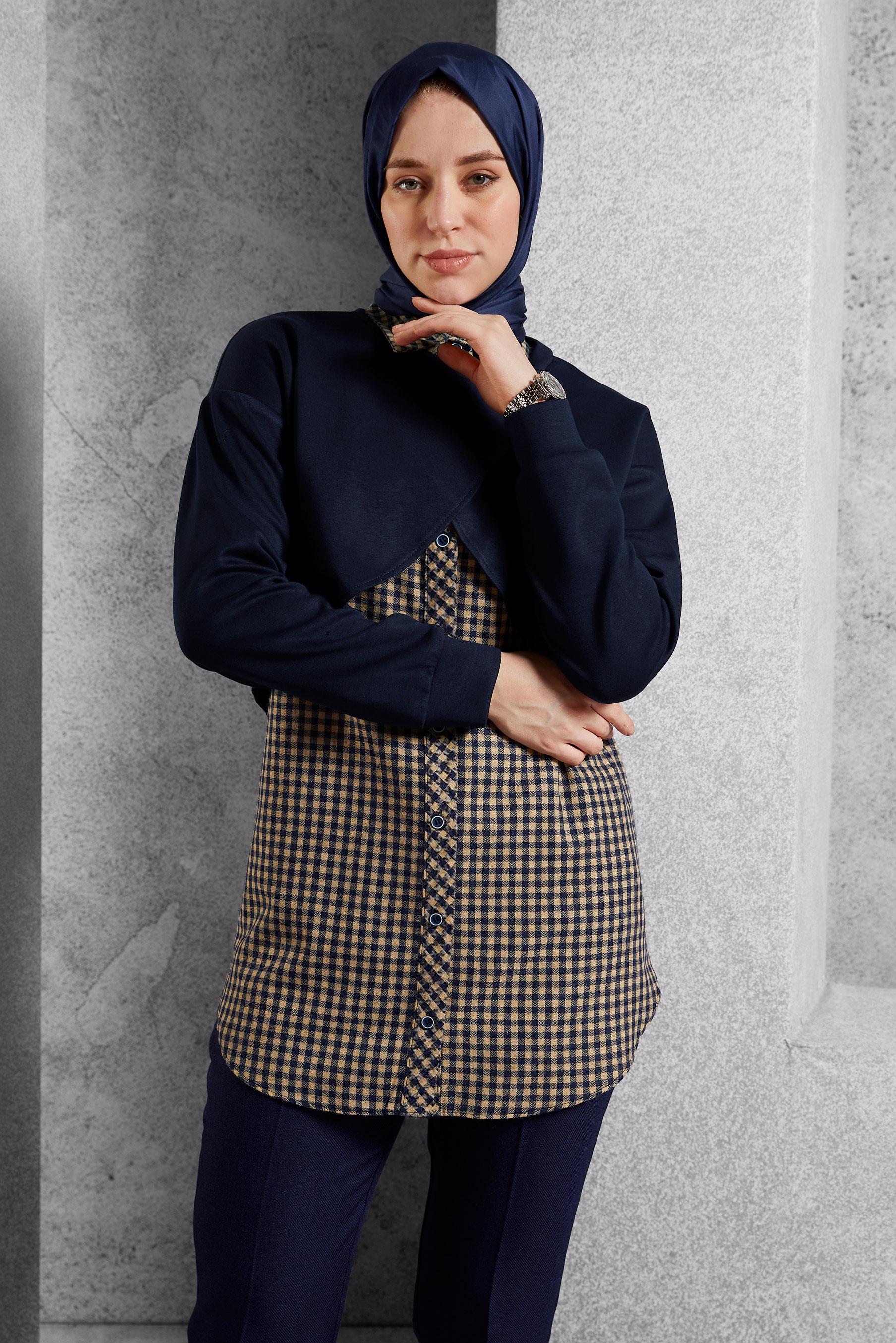 Tesettür giyim LACİVERT İKİLİ GÖMLEK YAKA TUNİK 45247