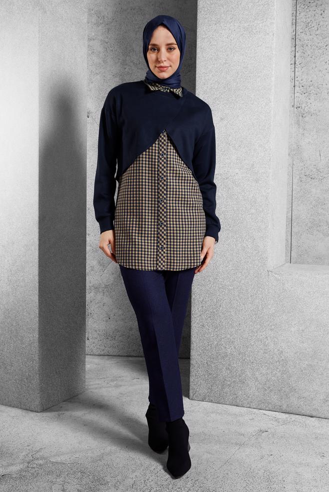 Tesettür giyim LACİVERT İKİLİ GÖMLEK YAKA TUNİK 45247 - ALVİNA