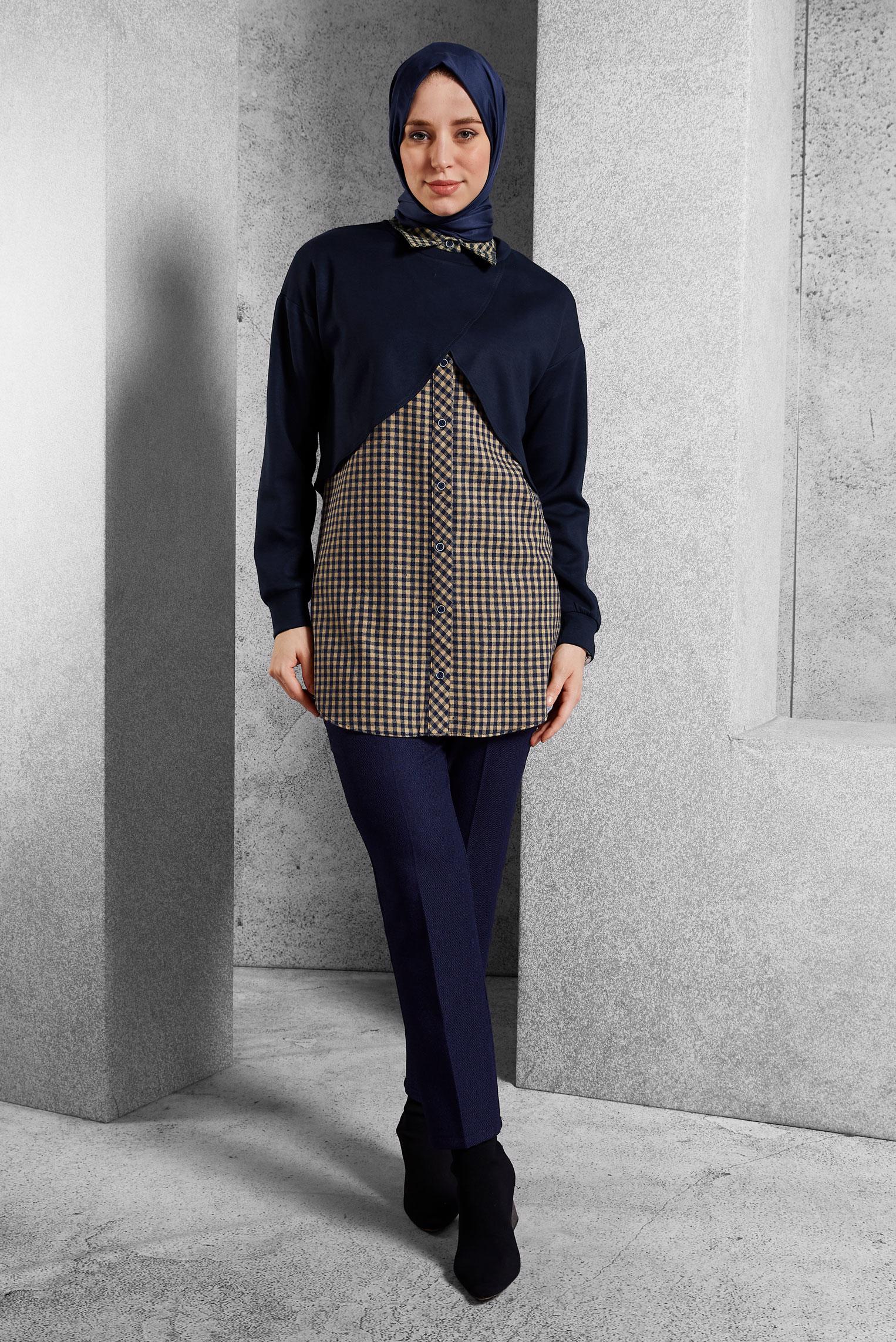 Tesettür giyim LACİVERT İKİLİ GÖMLEK YAKA TUNİK 45247